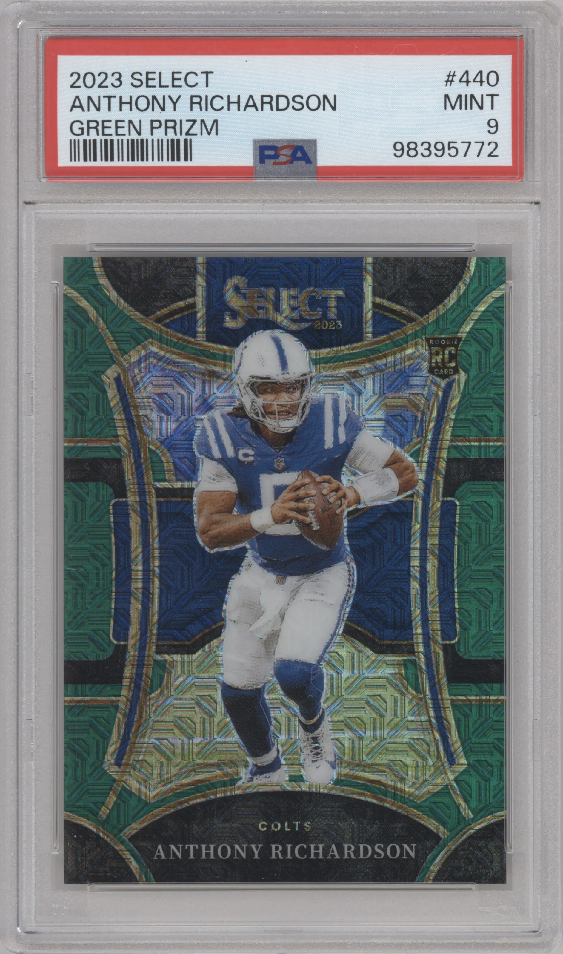 Anthony Richardson from the 2023 Panini Select set featuring a Green Prizm parallel graded by PSA and given an overall grade of 9.
