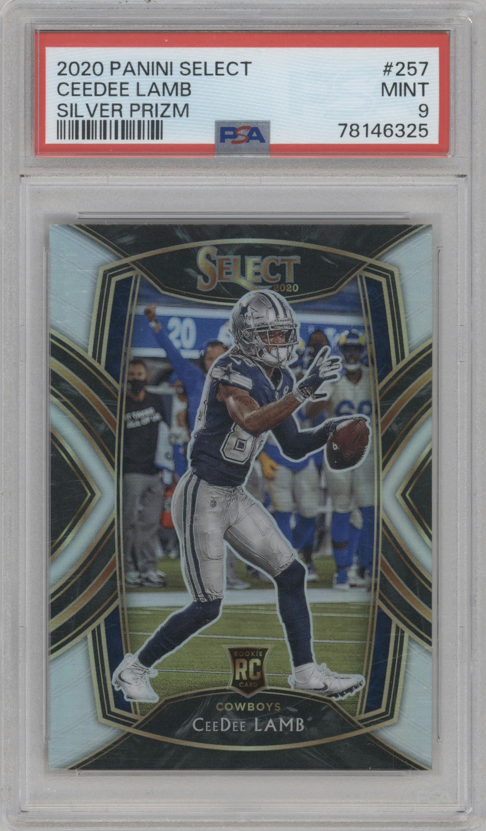 CeeDee Lamb from the 2020 Panini Select set featuring a Silver Prizm parallel graded by PSA and given an overall grade of 9.