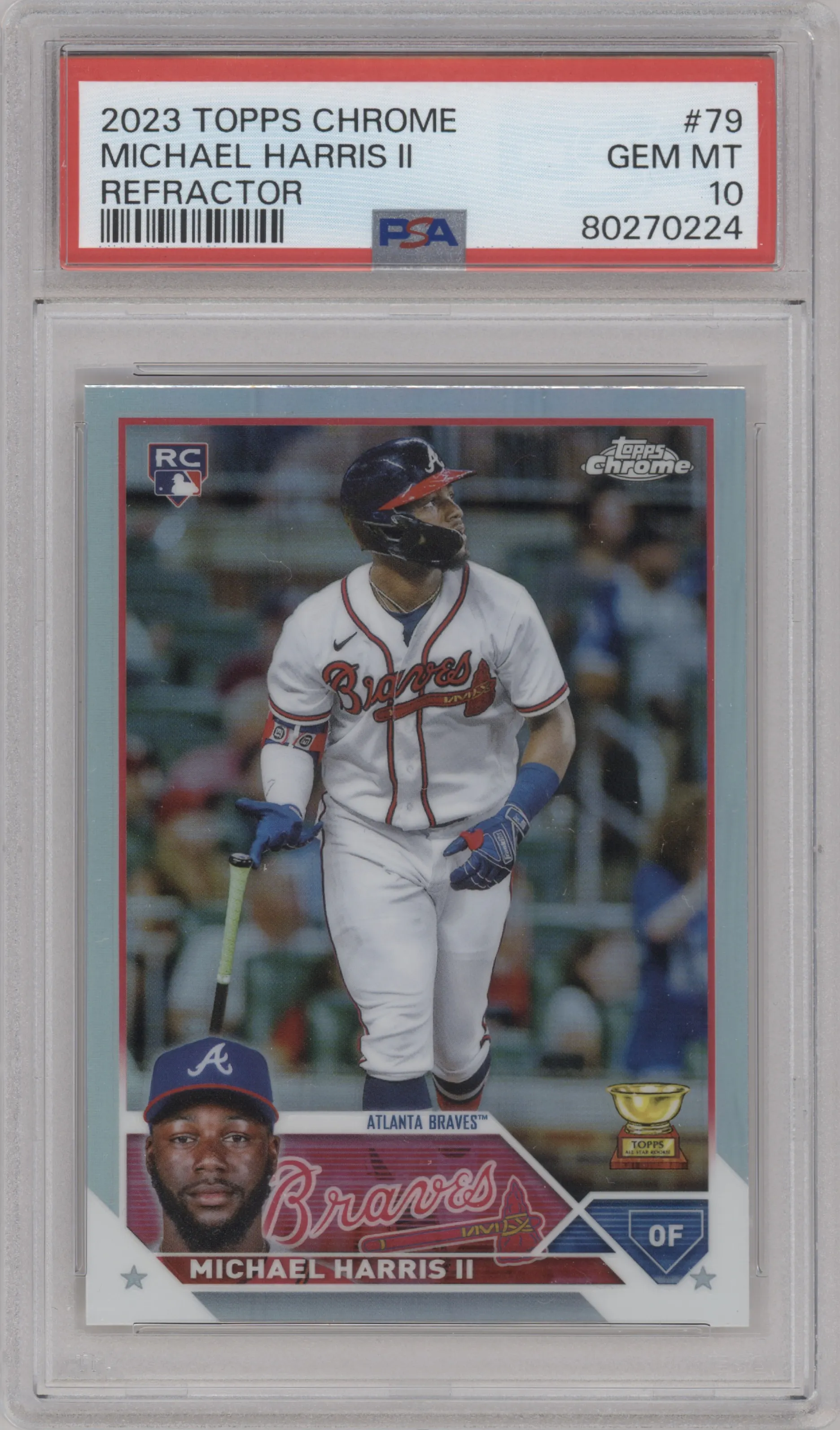 Michael Harris II from the 2023 Topps Chrome set featuring a Refractor parallel graded by PSA and given an overall grade of 10.