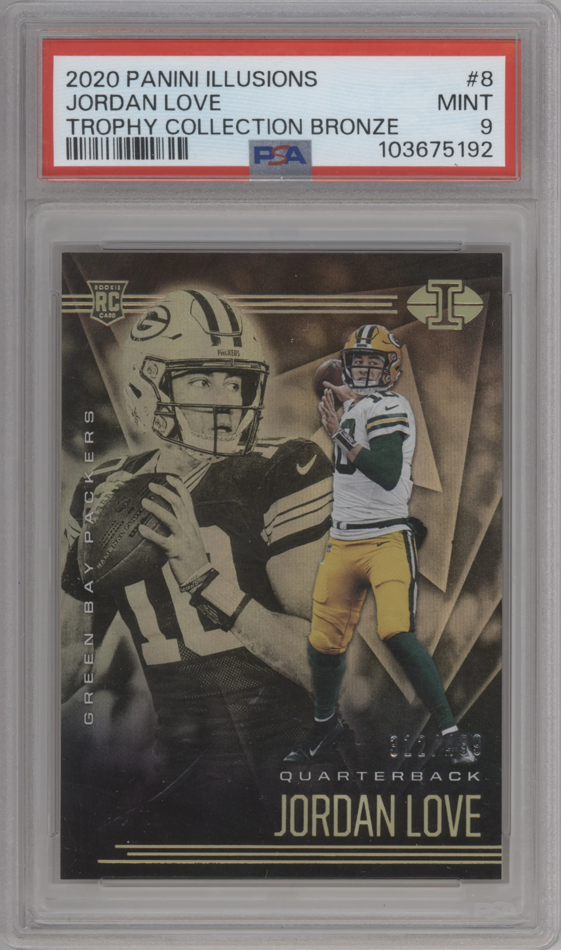Jordan Love from the 2020 Panini Illusions set featuring a Trophy Collection Bronze parallel graded by PSA and given an overall grade of 9.