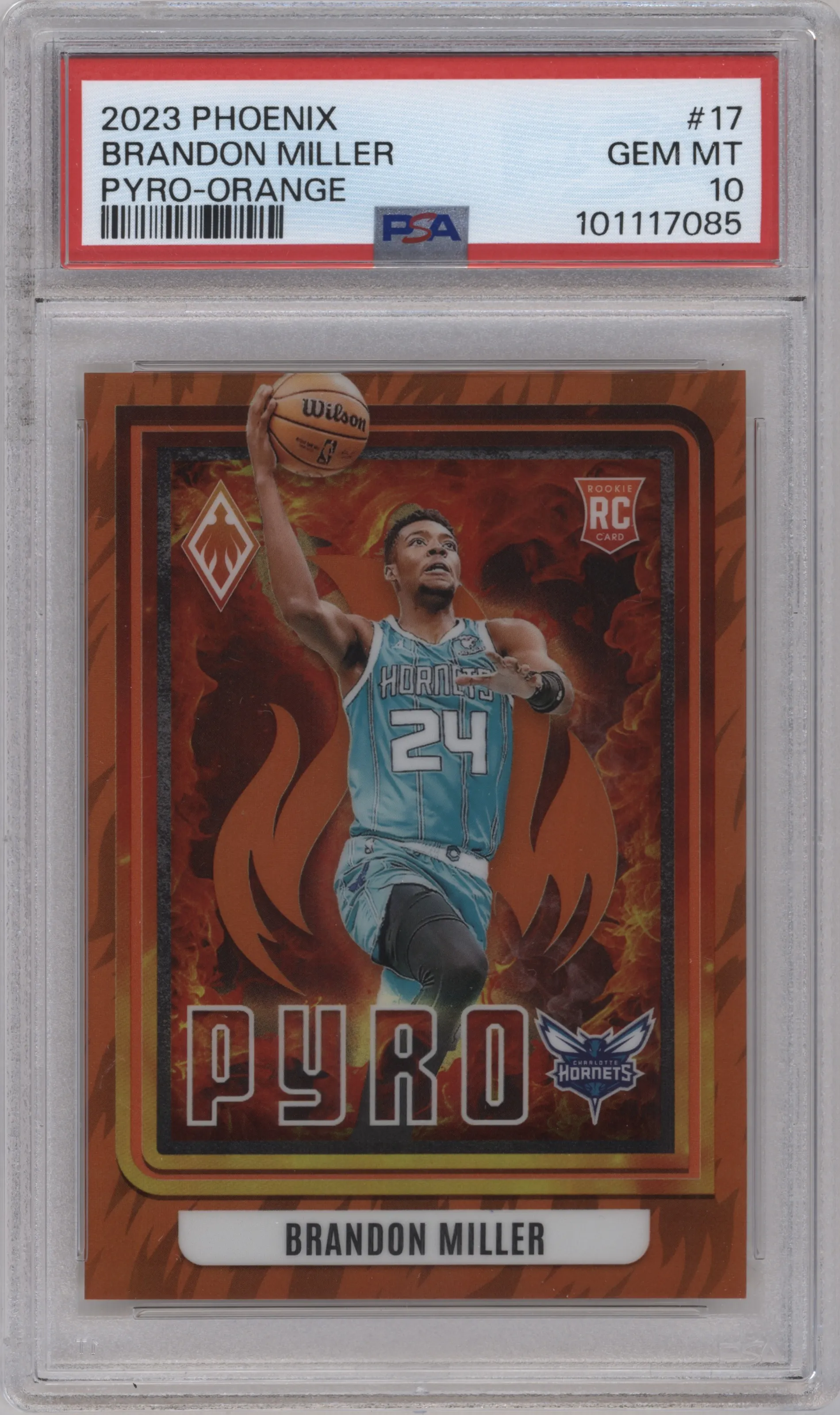 Brandon Miller from the 2023-24 Panini Phoenix set featuring a Orange parallel graded by PSA and given an overall grade of 10.