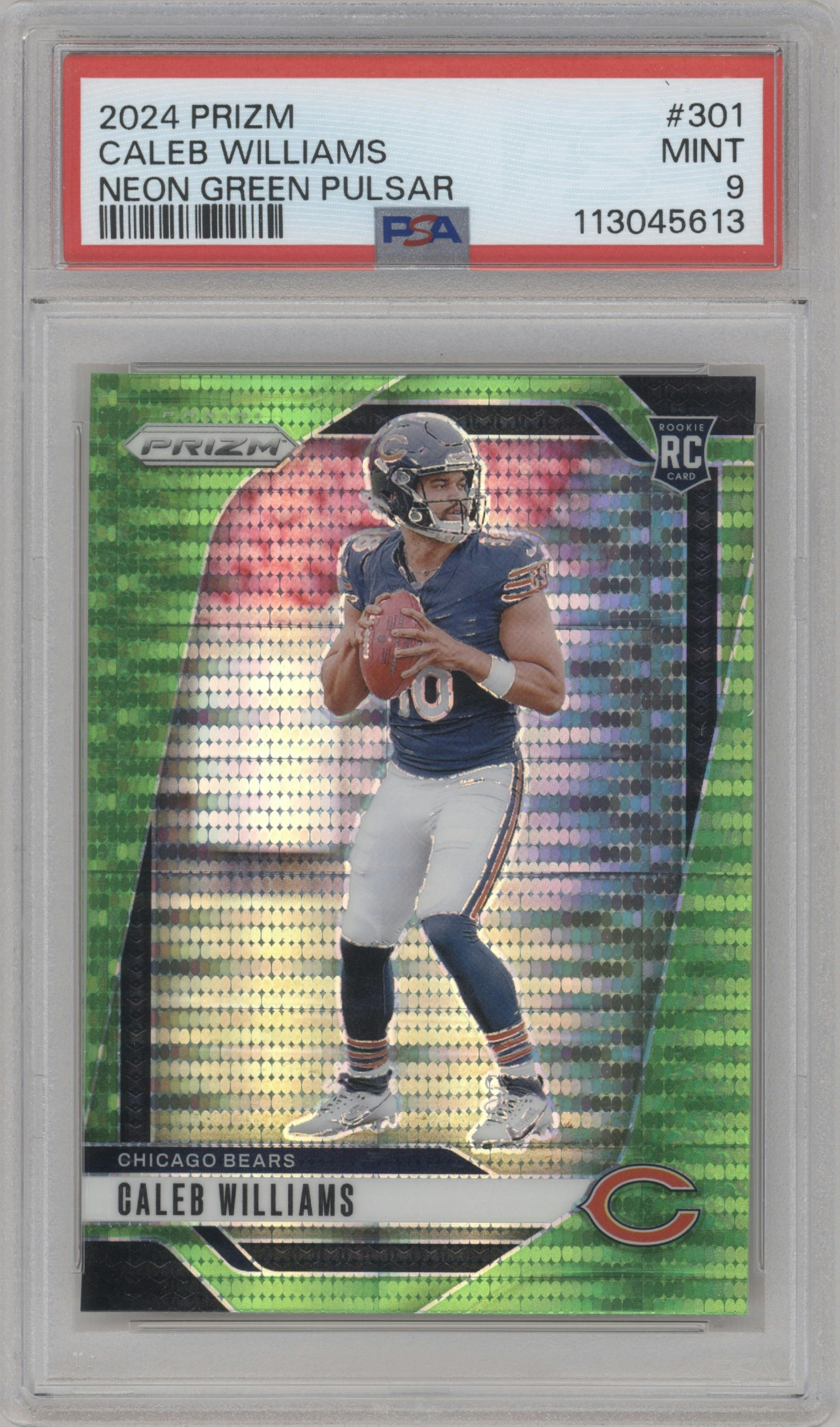 Caleb Williams from the 2024 Panini Prizm set featuring a Neon Green Pulsar  parallel graded by PSA and given an overall grade of 9.