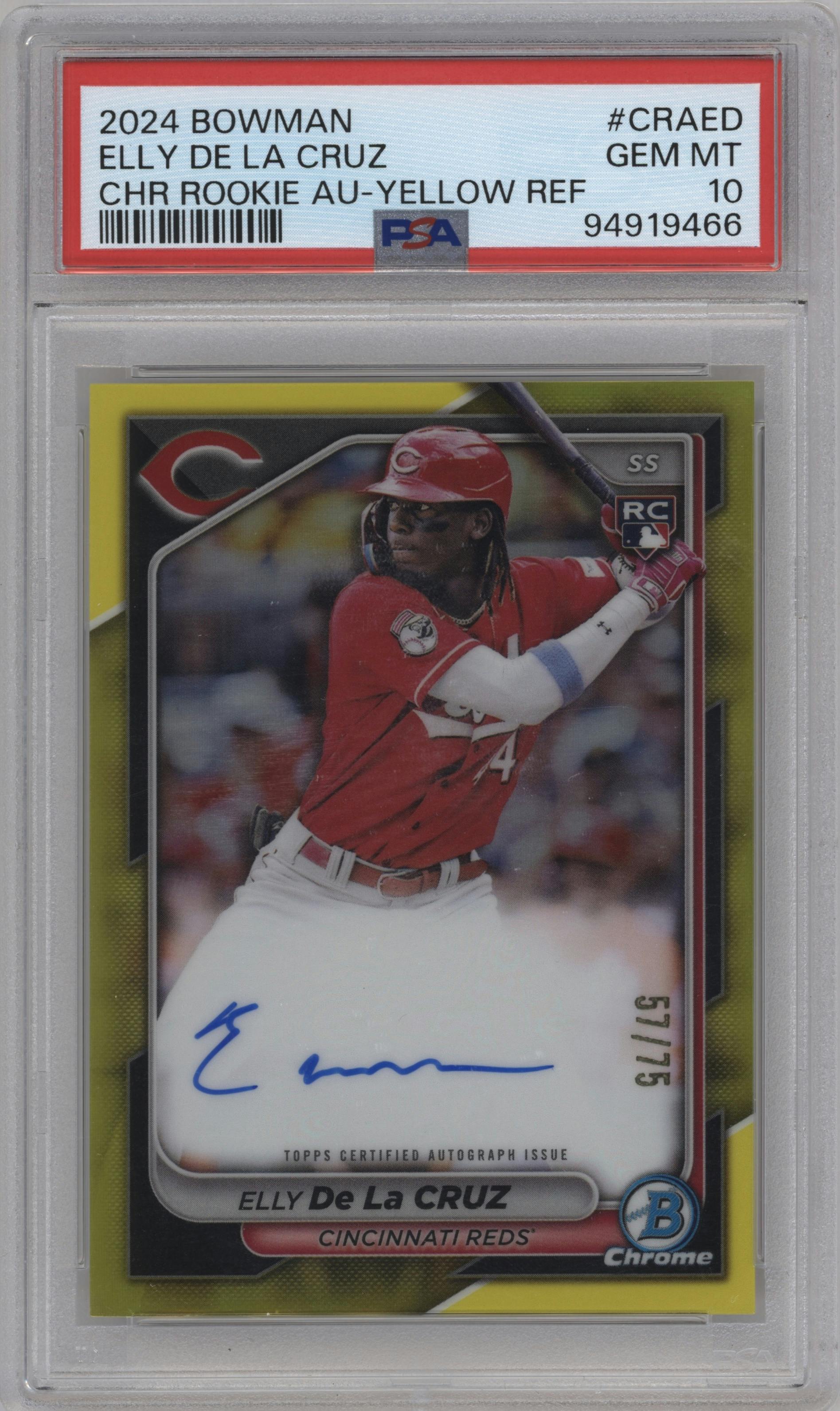 Elly De La Cruz  from the 2024 Bowman set featuring a Yellow Refractor parallel graded by PSA and given an overall grade of 10.