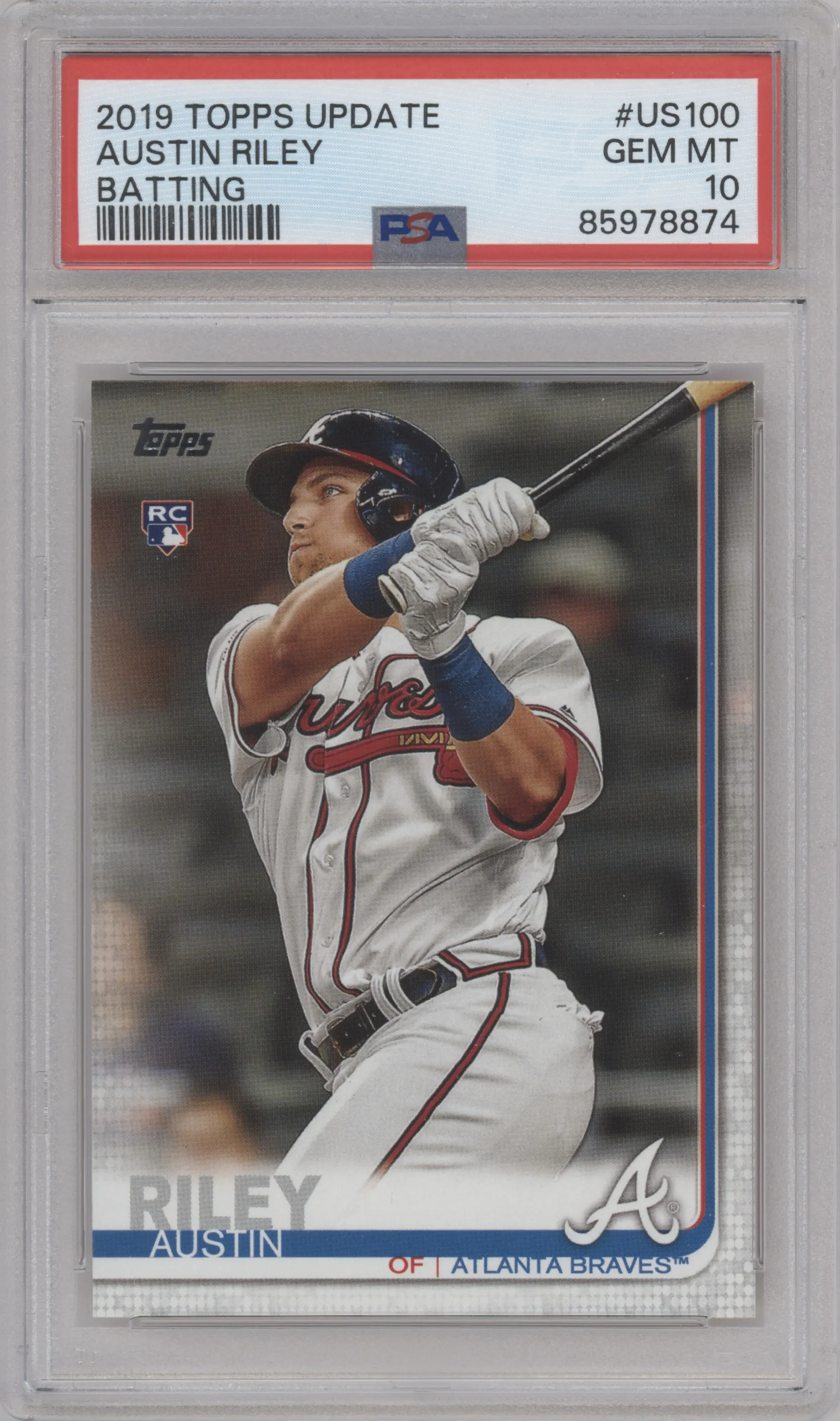 Austin Riley from the 2019 Topps Update  set graded by PSA and given an overall grade of 10.