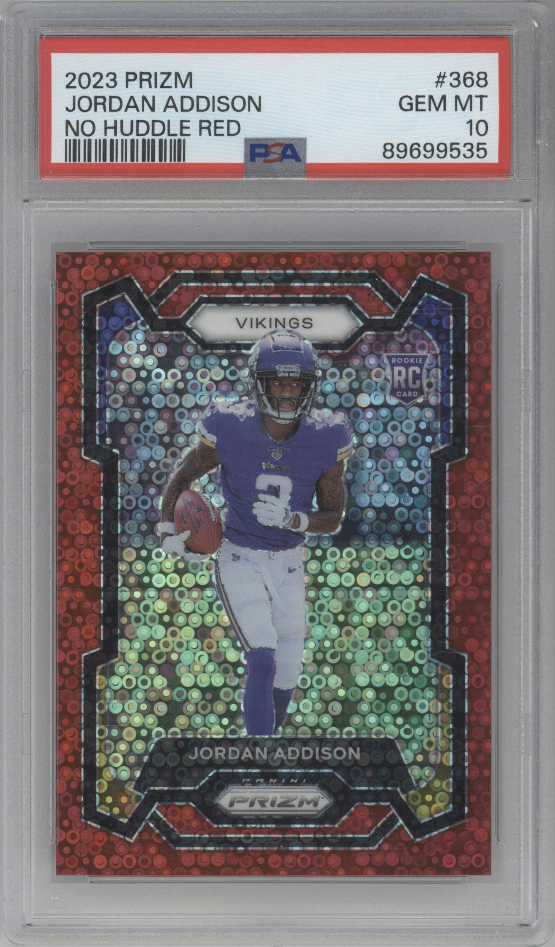 Jordan Addison from the 2023 Panini Prizm set featuring a No Huddle Red parallel graded by PSA and given an overall grade of 10.