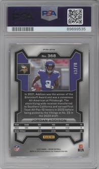 Jordan Addison from the 2023 Panini Prizm set featuring a No Huddle Red parallel graded by PSA and given an overall grade of 10.
