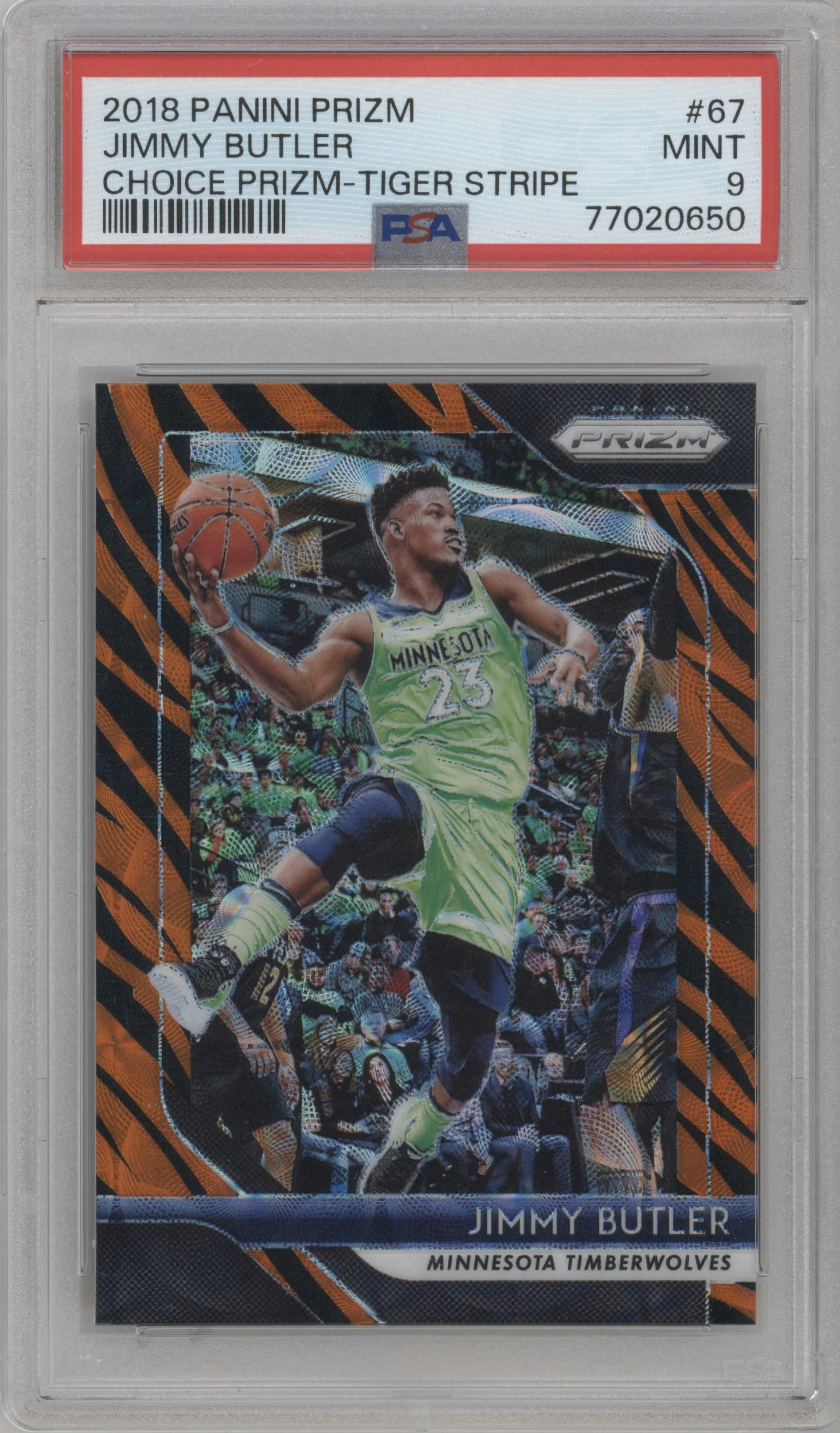 Jimmy Butler from the 2018-19 Panini Prizm set featuring a Choice Tiger Stripe parallel graded by PSA and given an overall grade of 9.