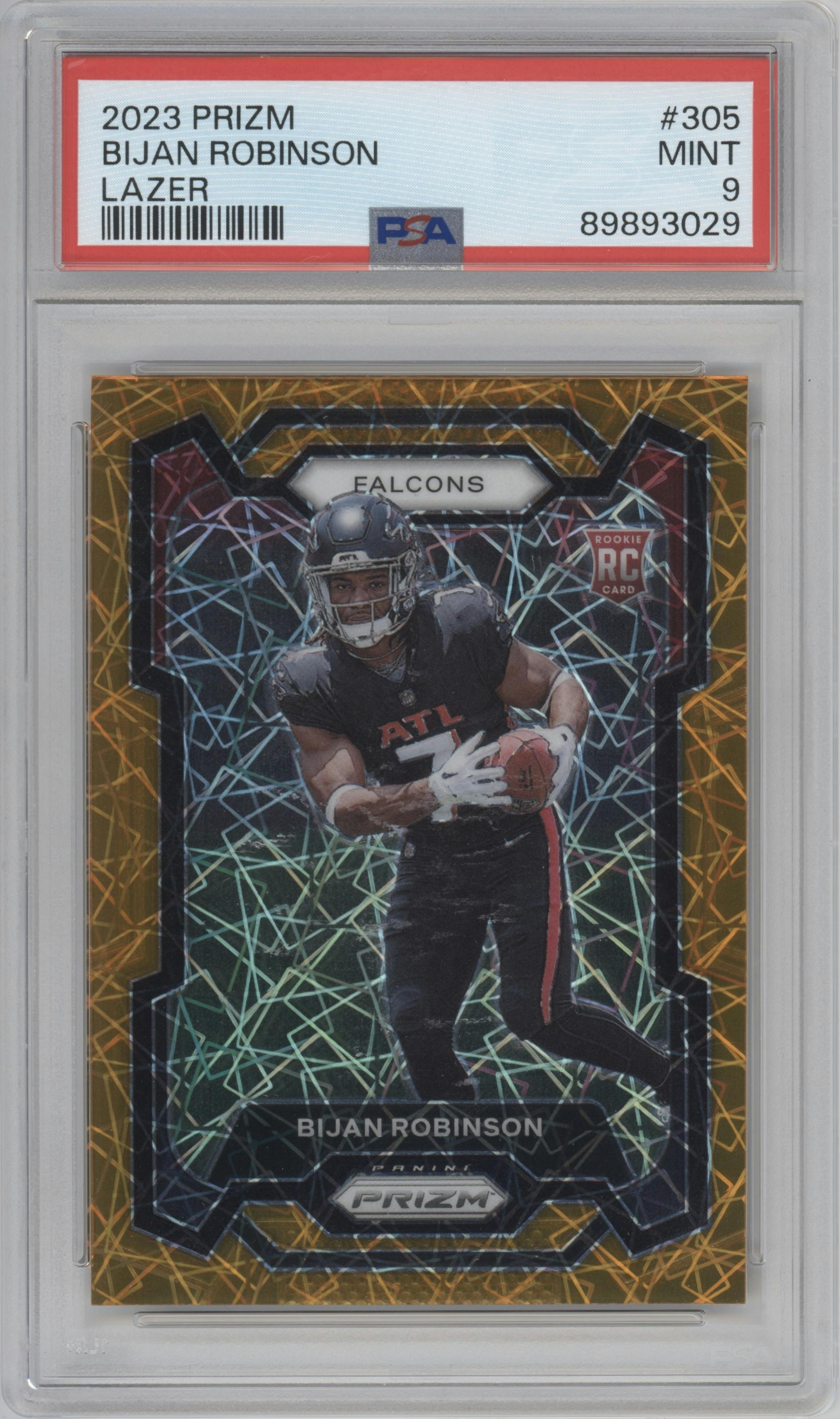 Bijan Robinson from the 2023 Panini Prizm set featuring a Lazer parallel graded by PSA and given an overall grade of 9.