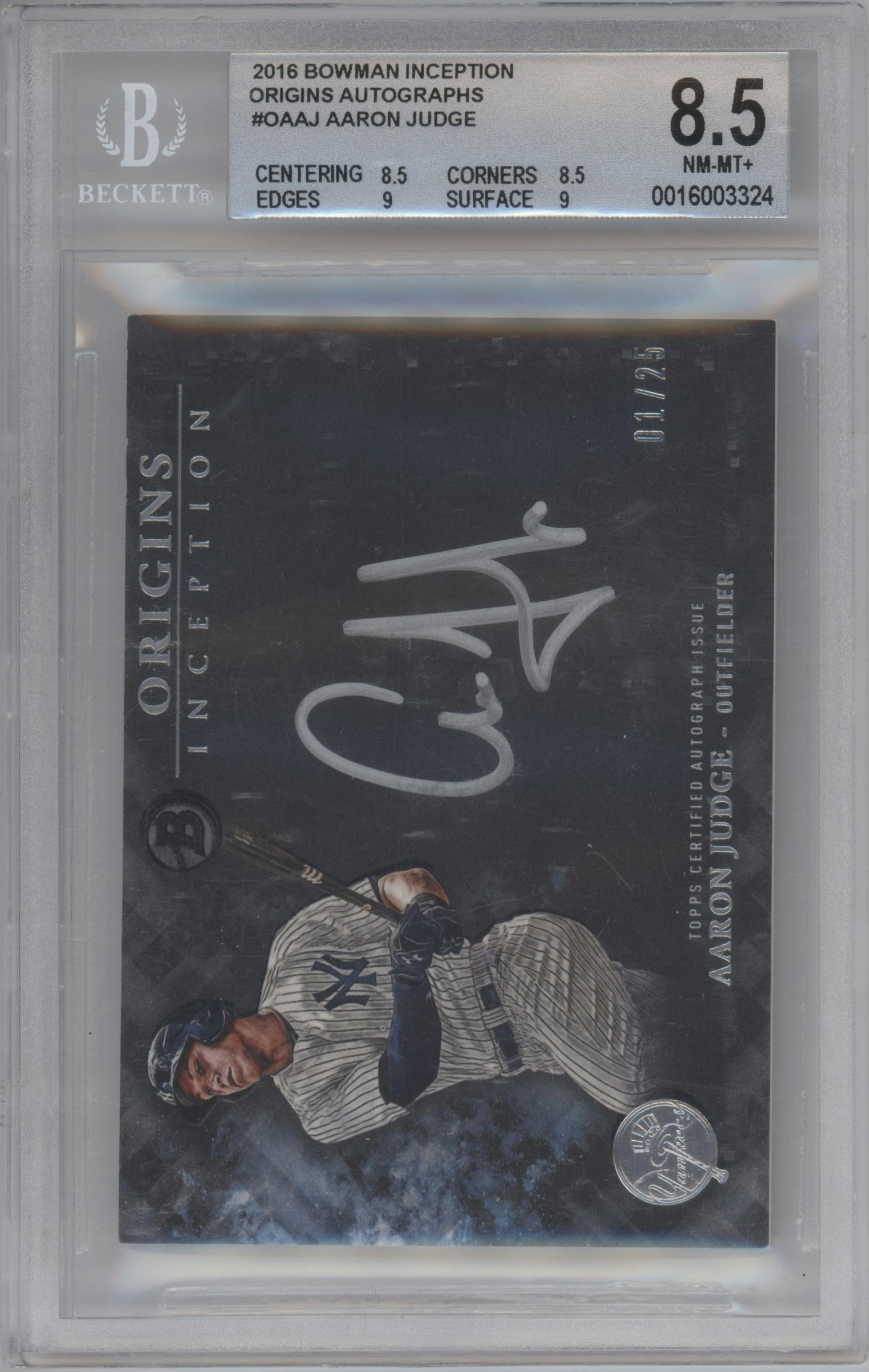  Aaron Judge from the 2016 Bowman Inception set graded by Beckett and given an overall grade of 8.5.