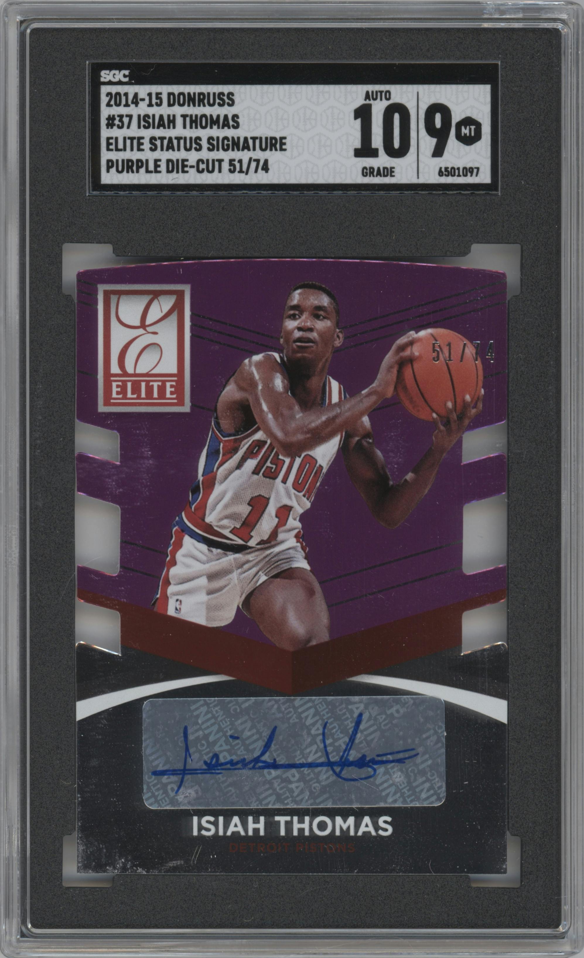 Isiah Thomas from the 2014-15 Panini Donruss  set featuring a Die-Cut Purple parallel graded by SGC and given an overall grade of 9.
