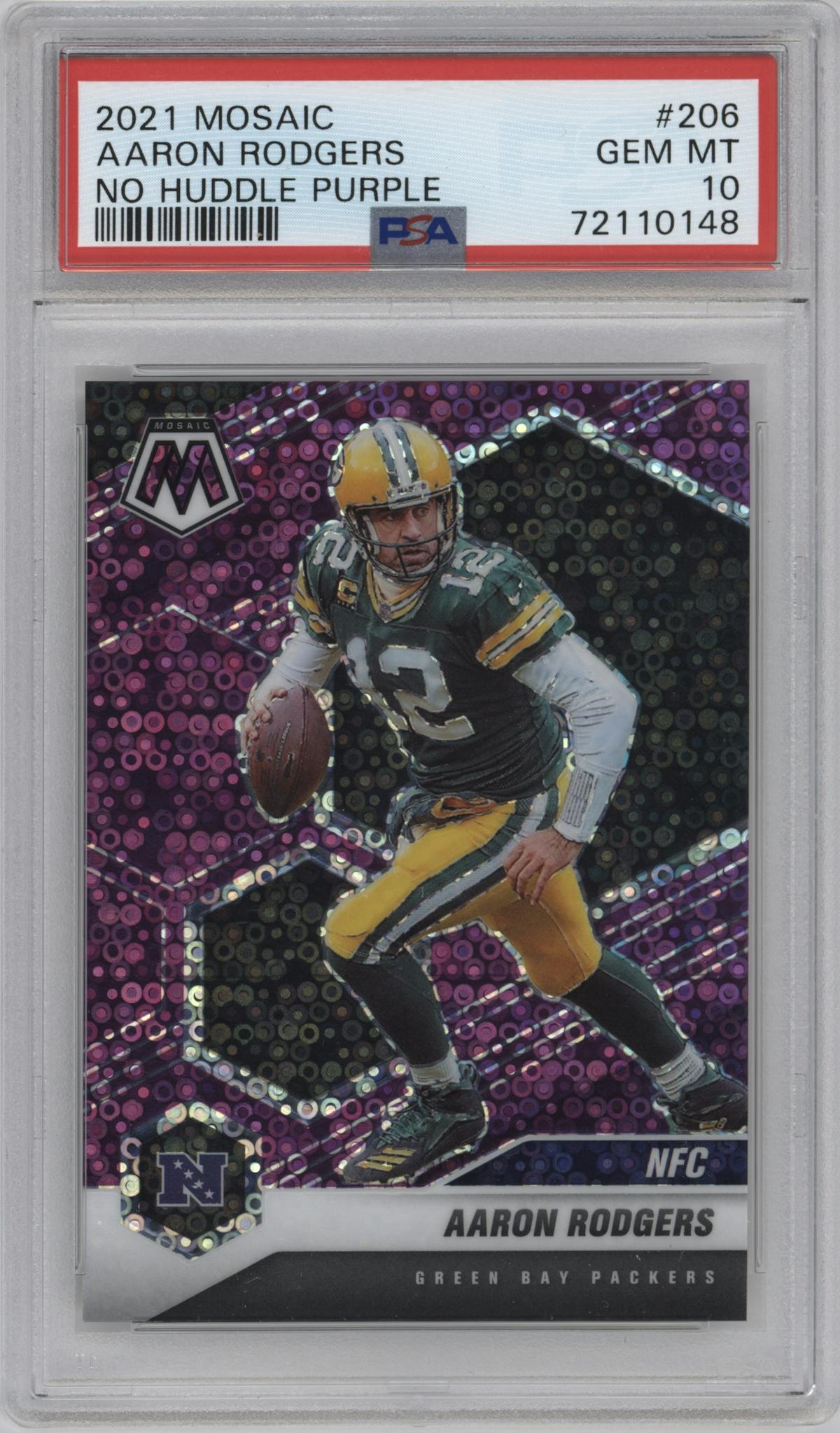 Aaron Rodgers from the 2021 Panini Mosaic set featuring a No Huddle Purple parallel graded by PSA and given an overall grade of 10.