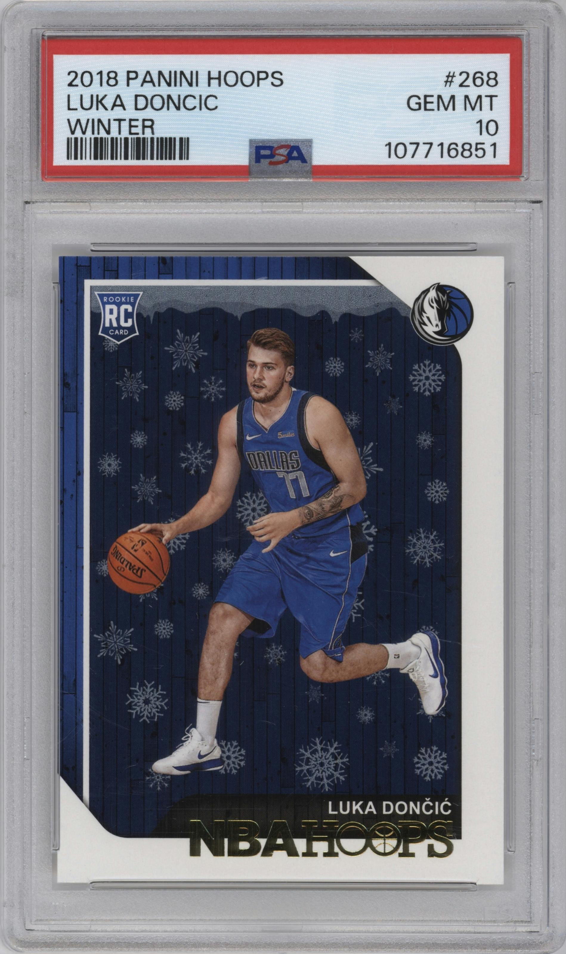 Luka Doncic from the 2018-19 Panini NBA Hoops  set featuring a Winter parallel graded by PSA and given an overall grade of 10.