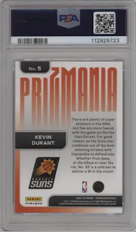 Kevin Durant from the 2024-25 Panini Prizm set graded by PSA and given an overall grade of 10.