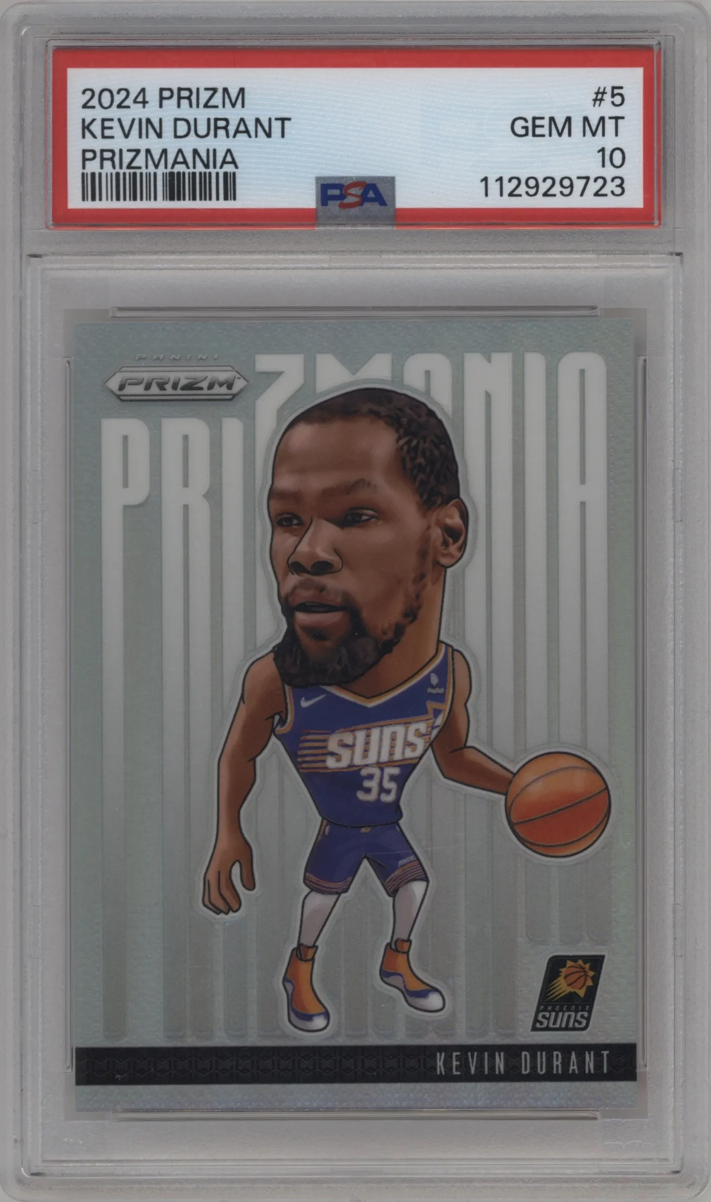 Kevin Durant from the 2024-25 Panini Prizm set graded by PSA and given an overall grade of 10.