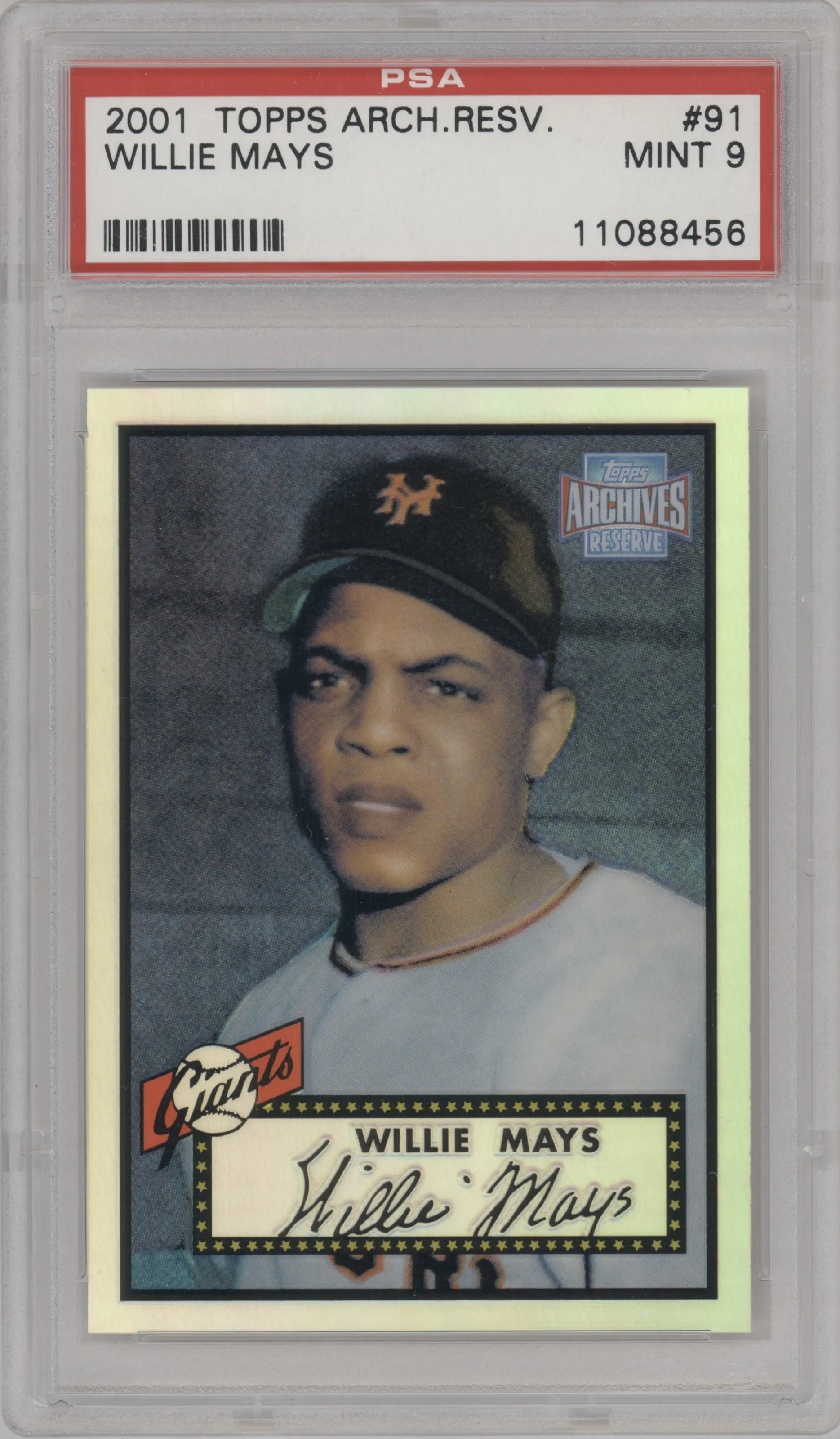 Willie Mays from the 2001 Topps Archives Reserve set graded by PSA and given an overall grade of 9.