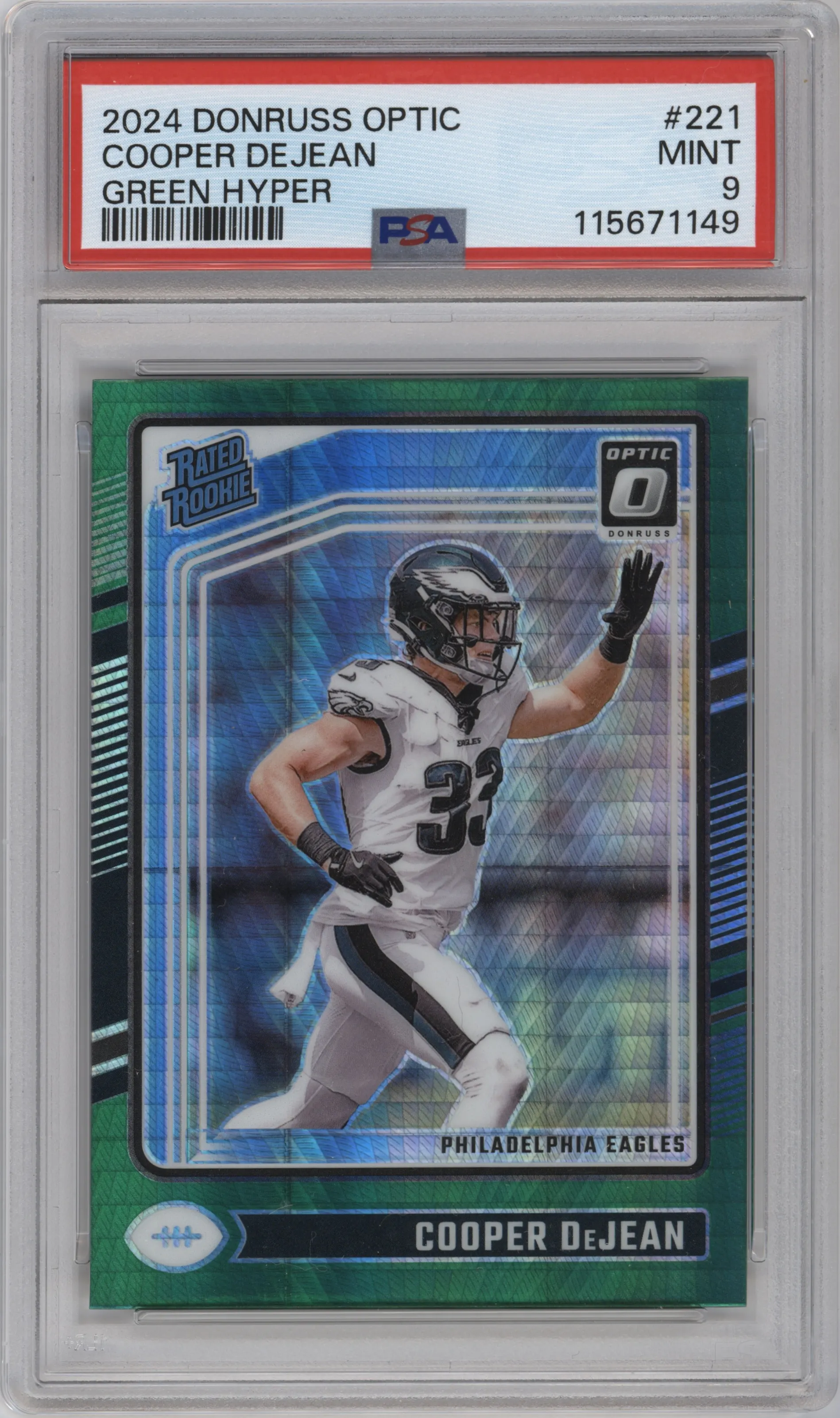 Cooper DeJean  from the 2024 Donruss Optic set featuring a Hyper Green parallel graded by PSA and given an overall grade of 9.