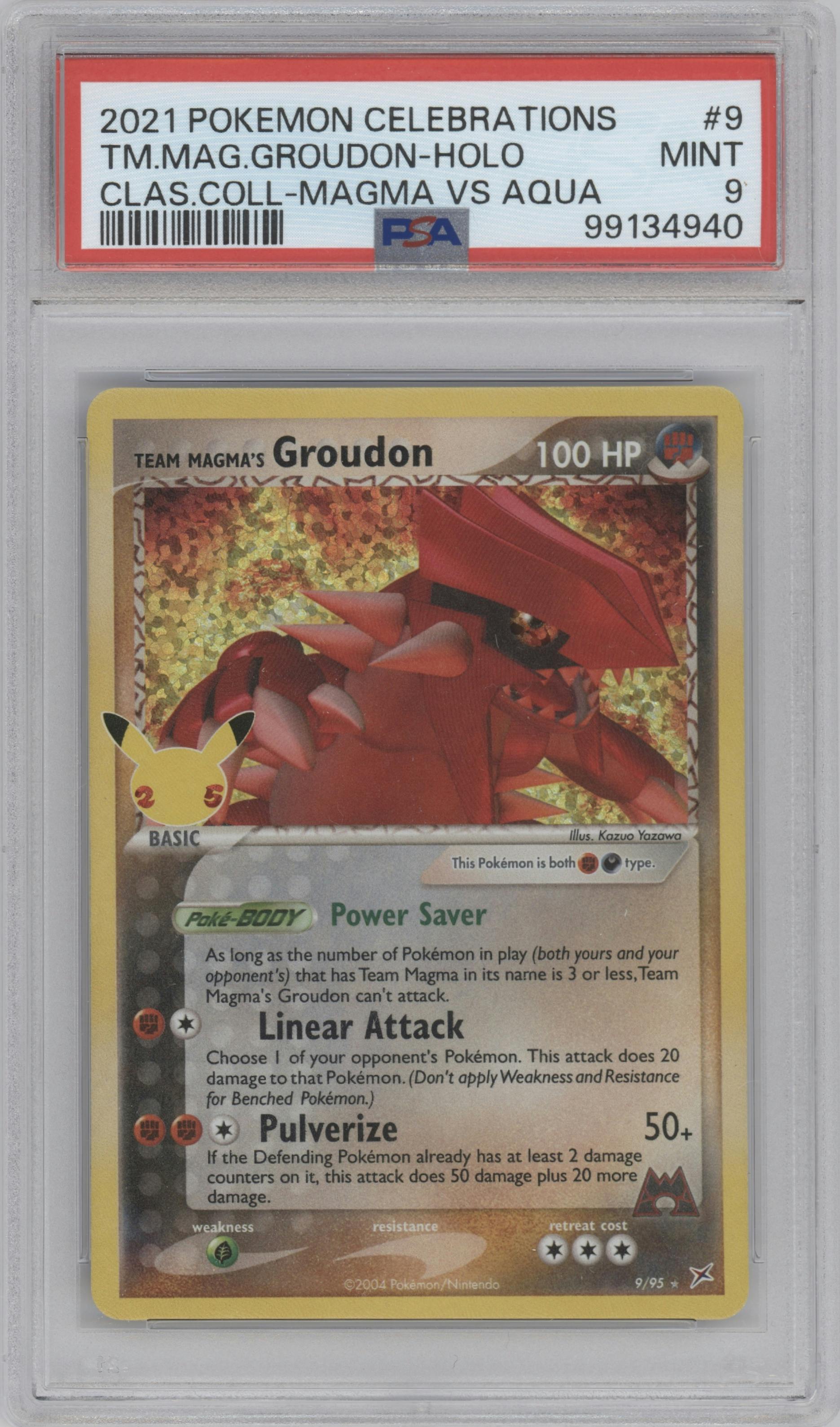 Team Magma's Groudon from the 2021 Pokemon SWSH set featuring a EX Team Magma vs Team Aqua parallel graded by PSA and given an overall grade of 9.