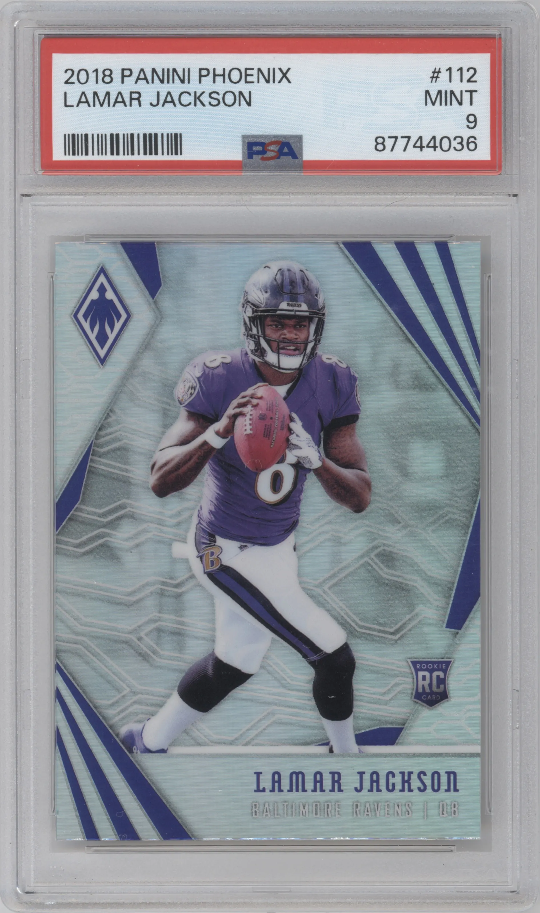 Lamar Jackson from the 2018 Panini Phoenix set graded by PSA and given an overall grade of 9.