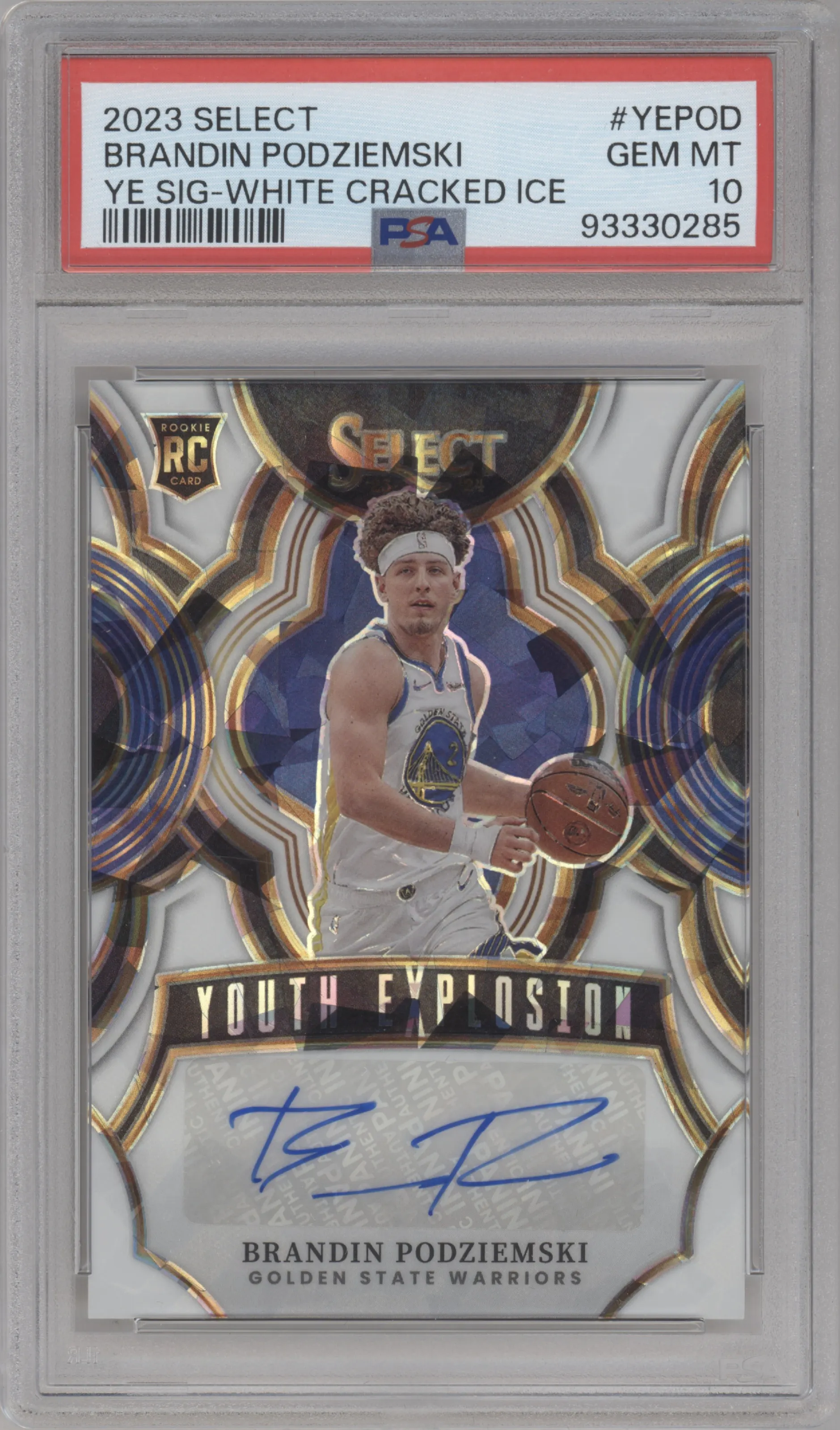 Brandin Podziemski from the 2023-24 Panini Select  set featuring a White Cracked Ice parallel graded by PSA and given an overall grade of 10.