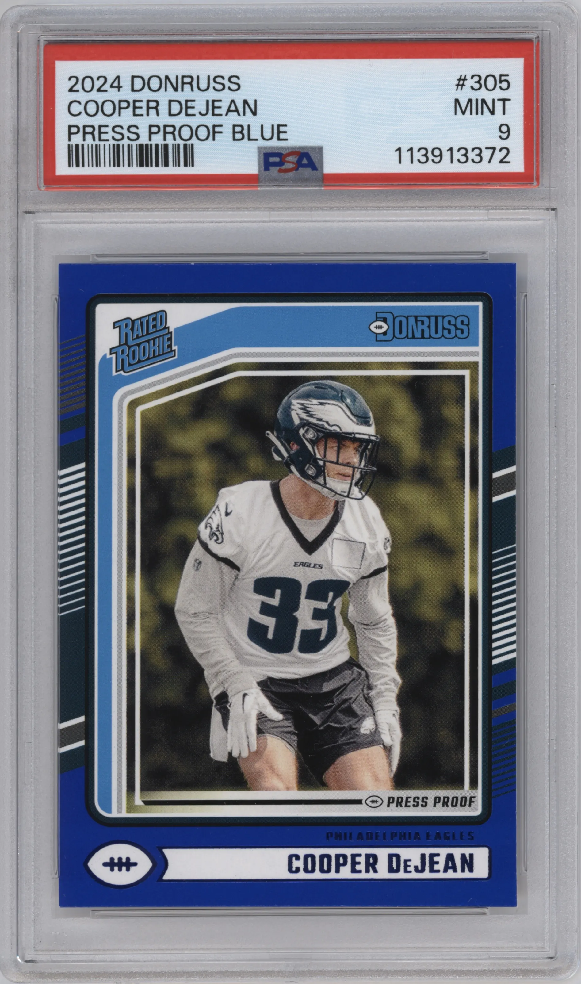 Cooper DeJean from the 2024 Donruss set featuring a Press Proof Blue parallel graded by PSA and given an overall grade of 9.