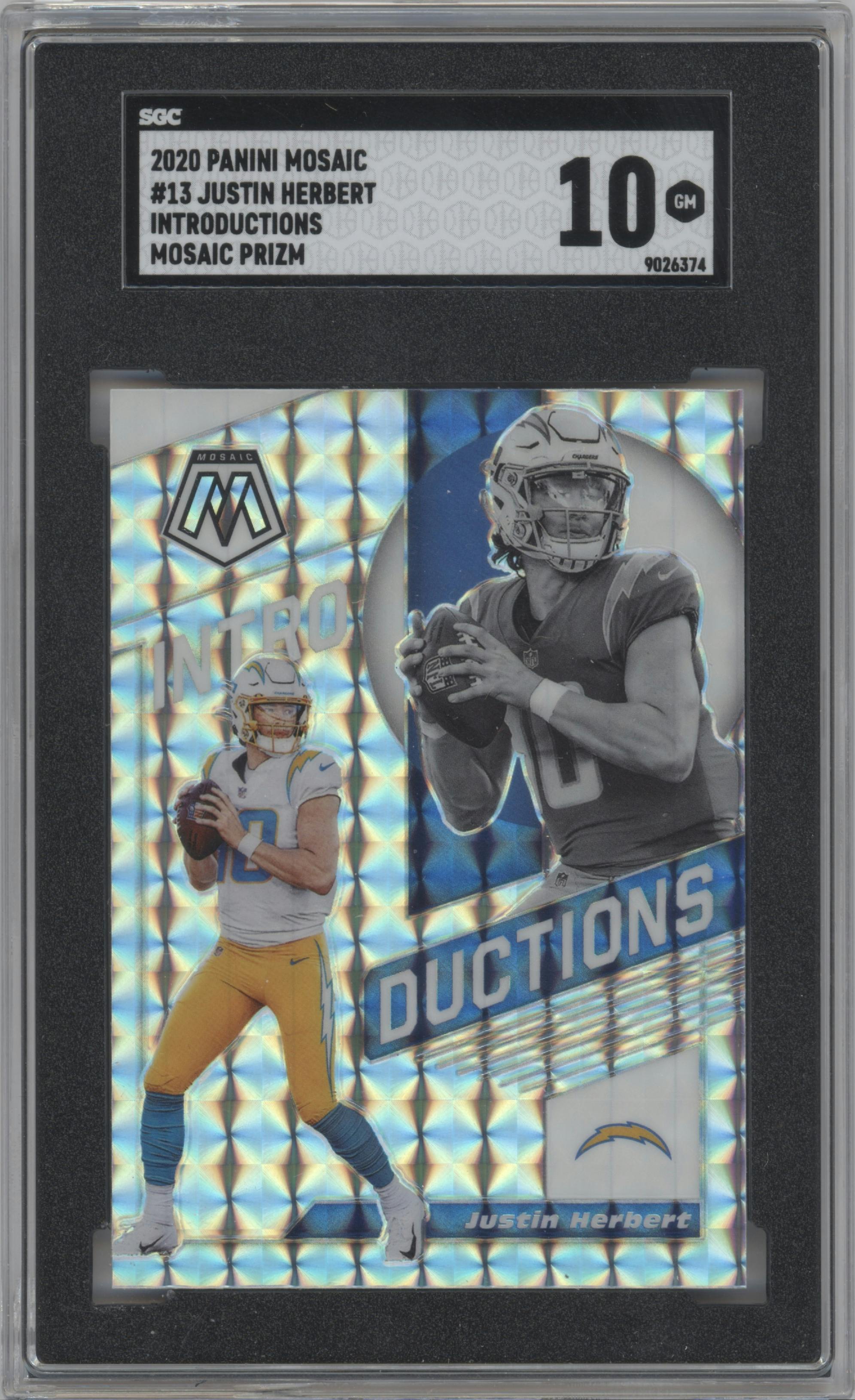 Justin Herbert from the 2020 Panini Mosaic set featuring a Mosaic parallel graded by SGC and given an overall grade of 10.