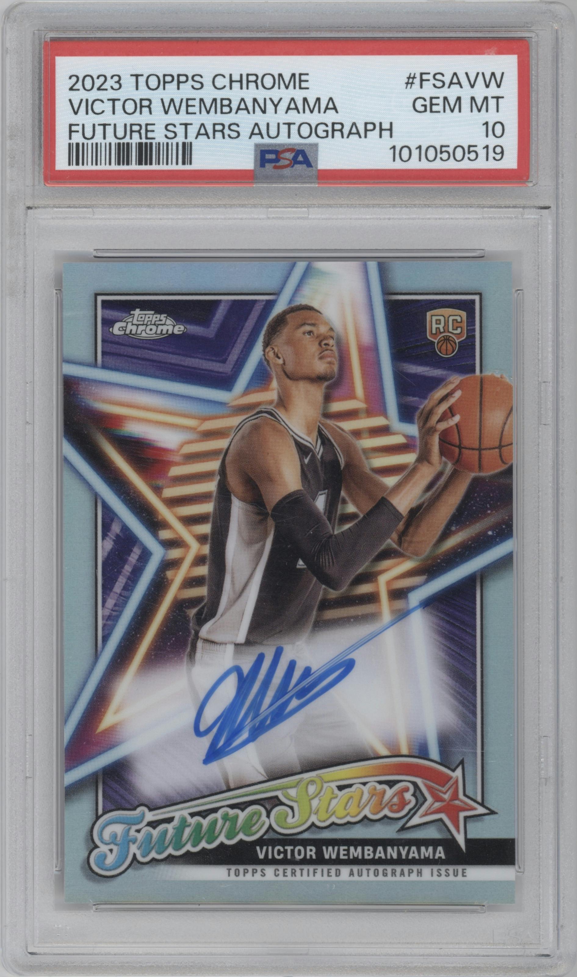 Victor Wembanyama from the 2023-24 Topps Chrome set graded by PSA and given an overall grade of 10.