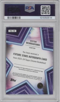 Victor Wembanyama from the 2023-24 Topps Chrome set graded by PSA and given an overall grade of 10.