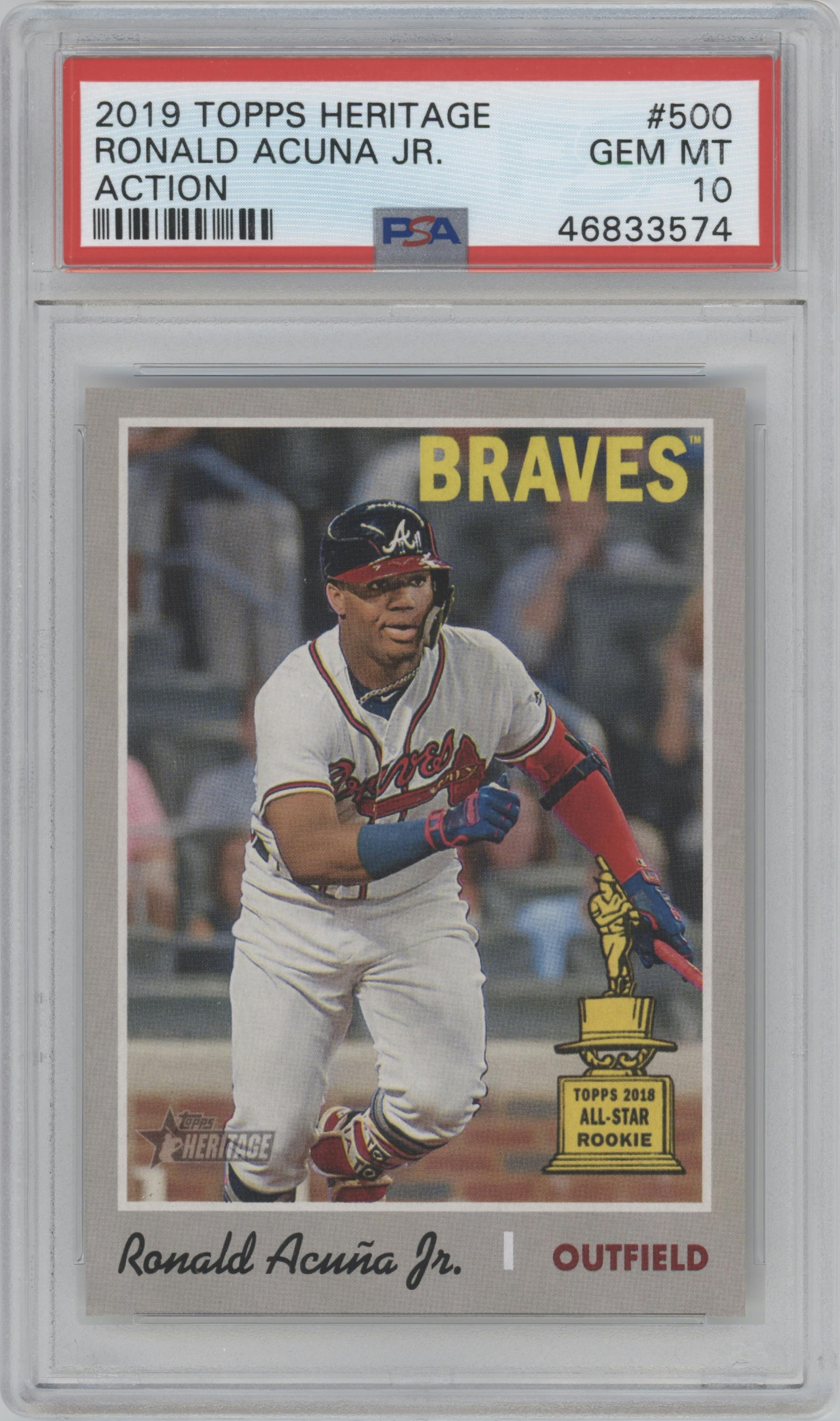 Ronald Acuna Jr. from the 2019 Topps Heritage set graded by PSA and given an overall grade of 10.