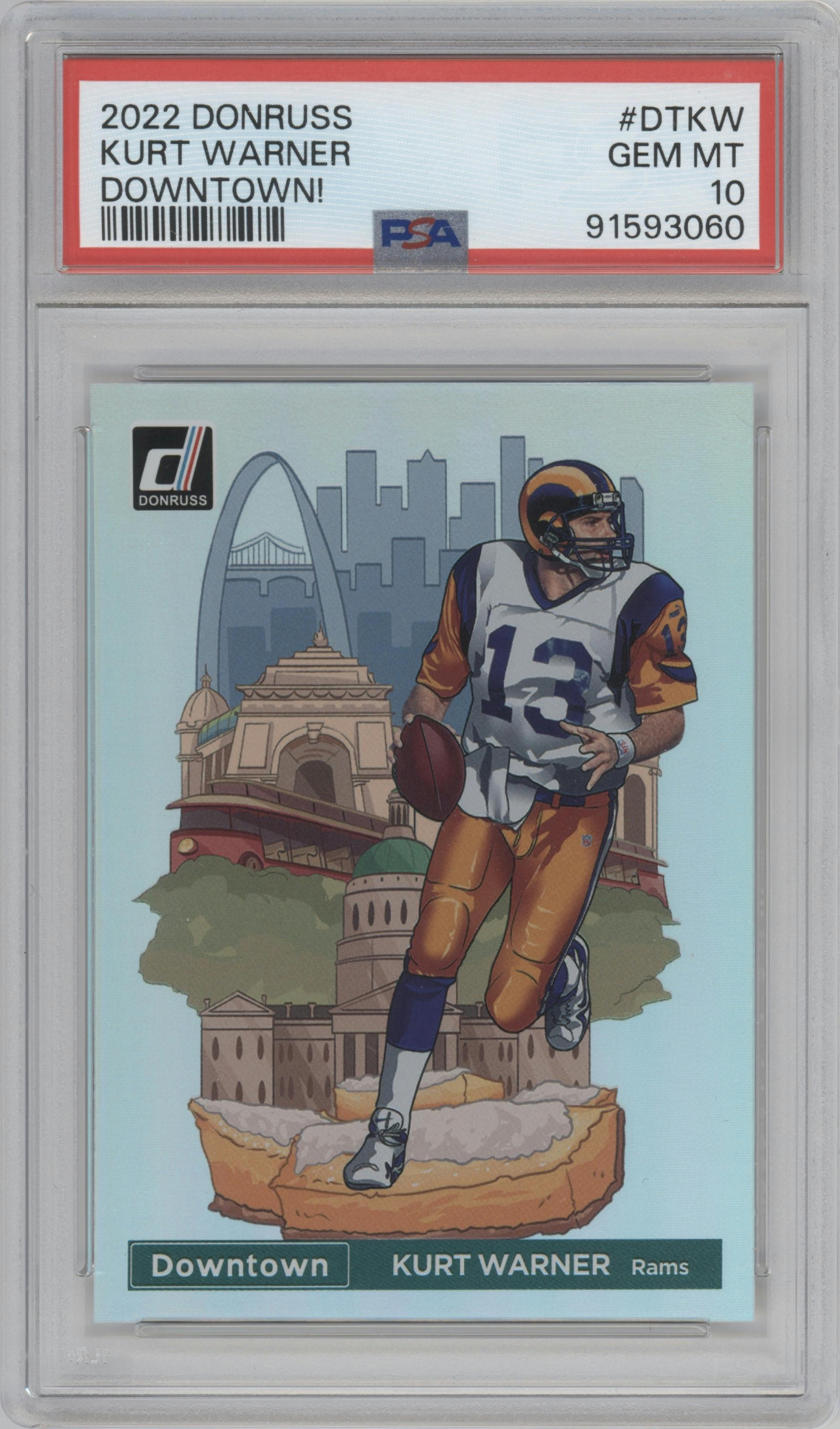 Kurt Warner from the 2022 Panini Donruss set graded by PSA and given an overall grade of 10.