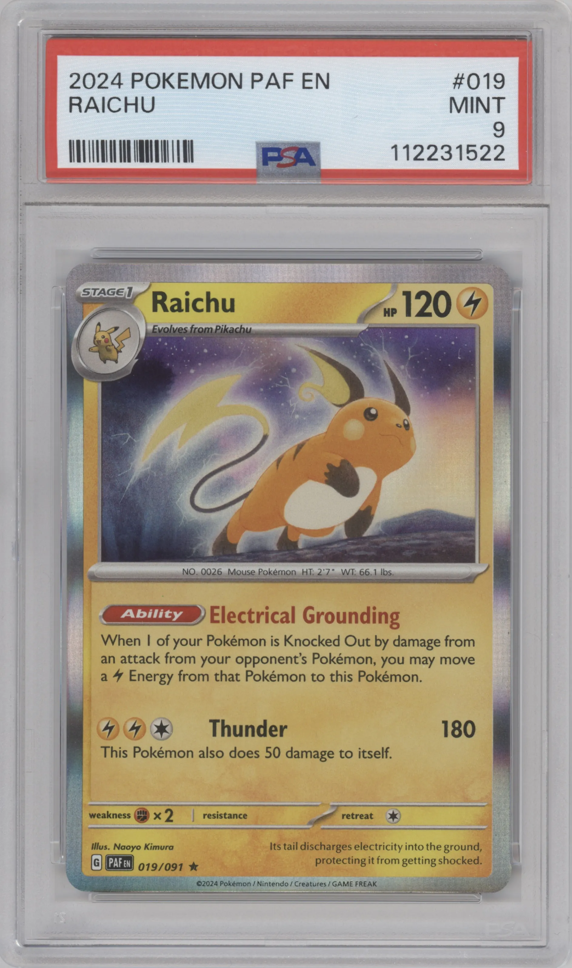 Raichu from the 2024 Pokemon SV set graded by PSA and given an overall grade of 9.