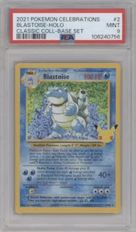 Blastoise from the 2021 Pokemon SWSH set featuring a Base Set parallel graded by PSA and given an overall grade of 9.