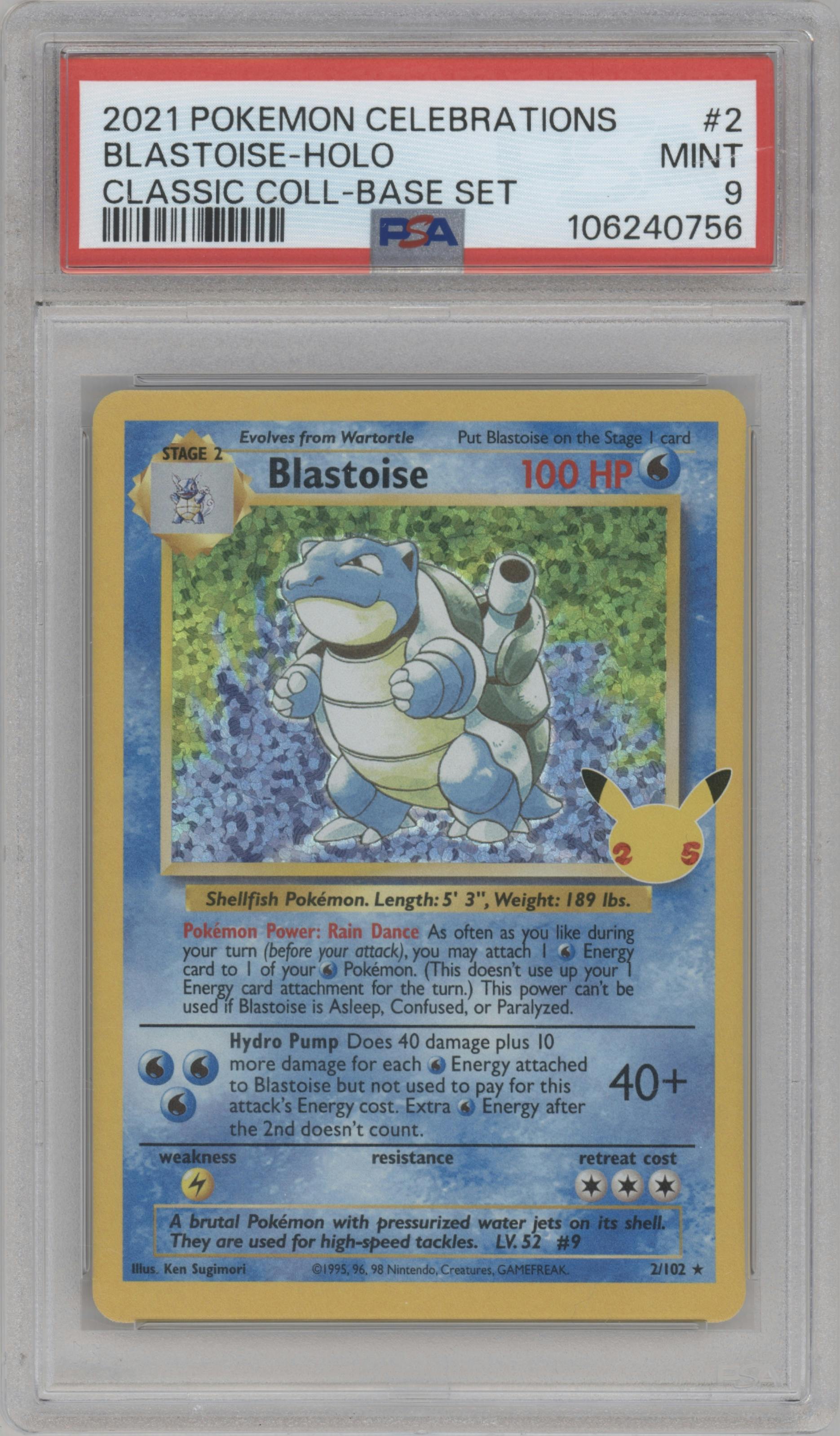 Blastoise from the 2021 Pokemon SWSH set featuring a Base Set parallel graded by PSA and given an overall grade of 9.