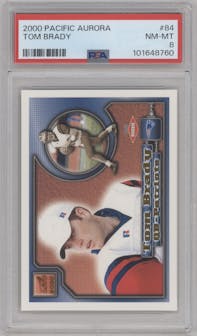 Tom Brady from the 2000 Pacific Aurora set graded by PSA and given an overall grade of 8.