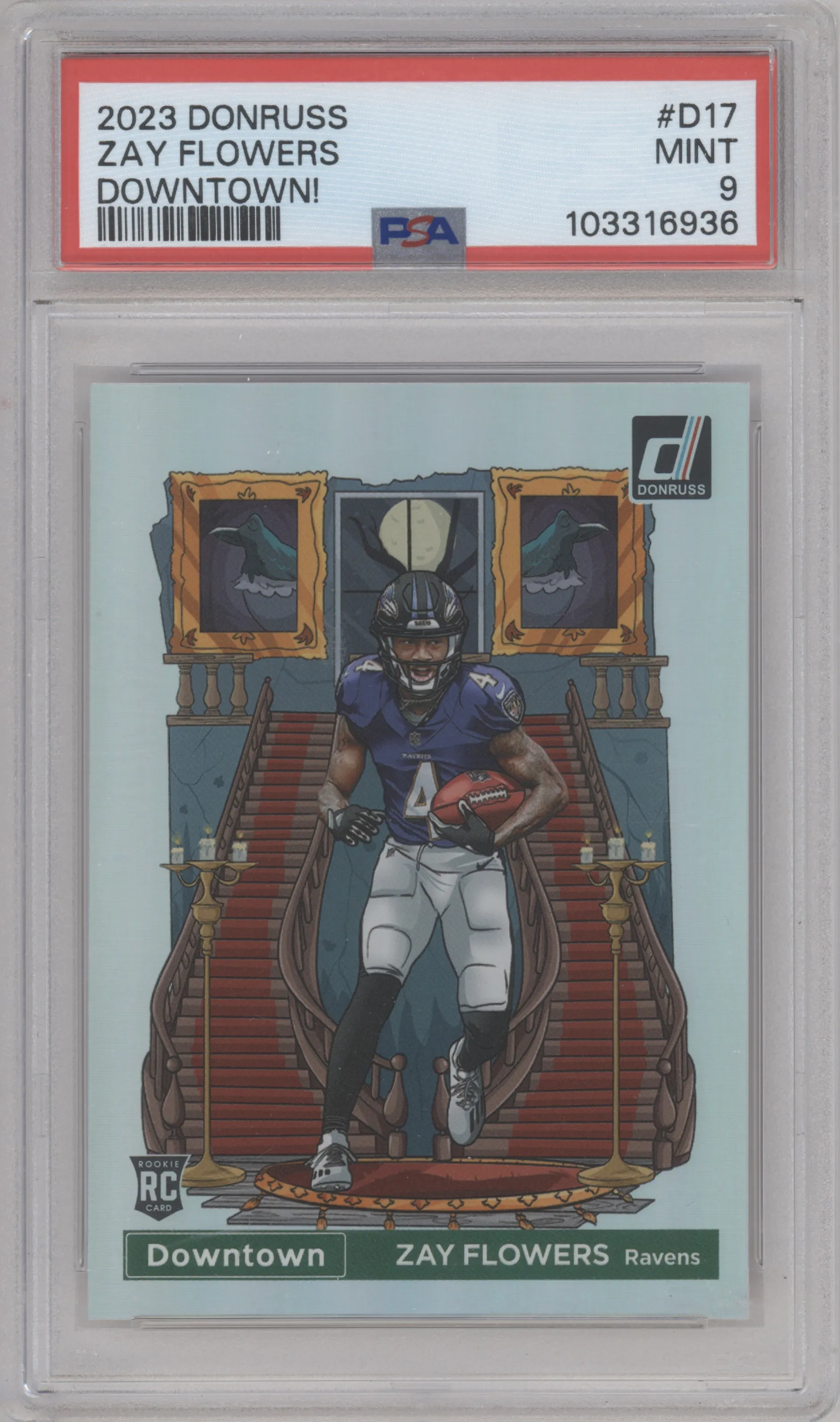 Zay Flowers  from the 2023 Panini Donruss set graded by PSA and given an overall grade of 9.