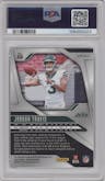 Jordan Travis from the 2024 Panini Prizm set featuring a Purple Pulsar parallel graded by PSA and given an overall grade of 9.