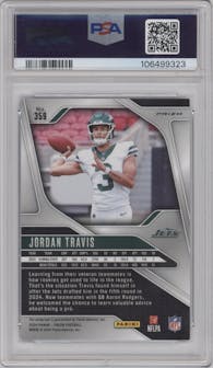 Jordan Travis from the 2024 Panini Prizm set featuring a Purple Pulsar parallel graded by PSA and given an overall grade of 9.