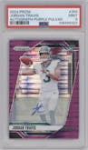 Jordan Travis from the 2024 Panini Prizm set featuring a Purple Pulsar parallel graded by PSA and given an overall grade of 9.
