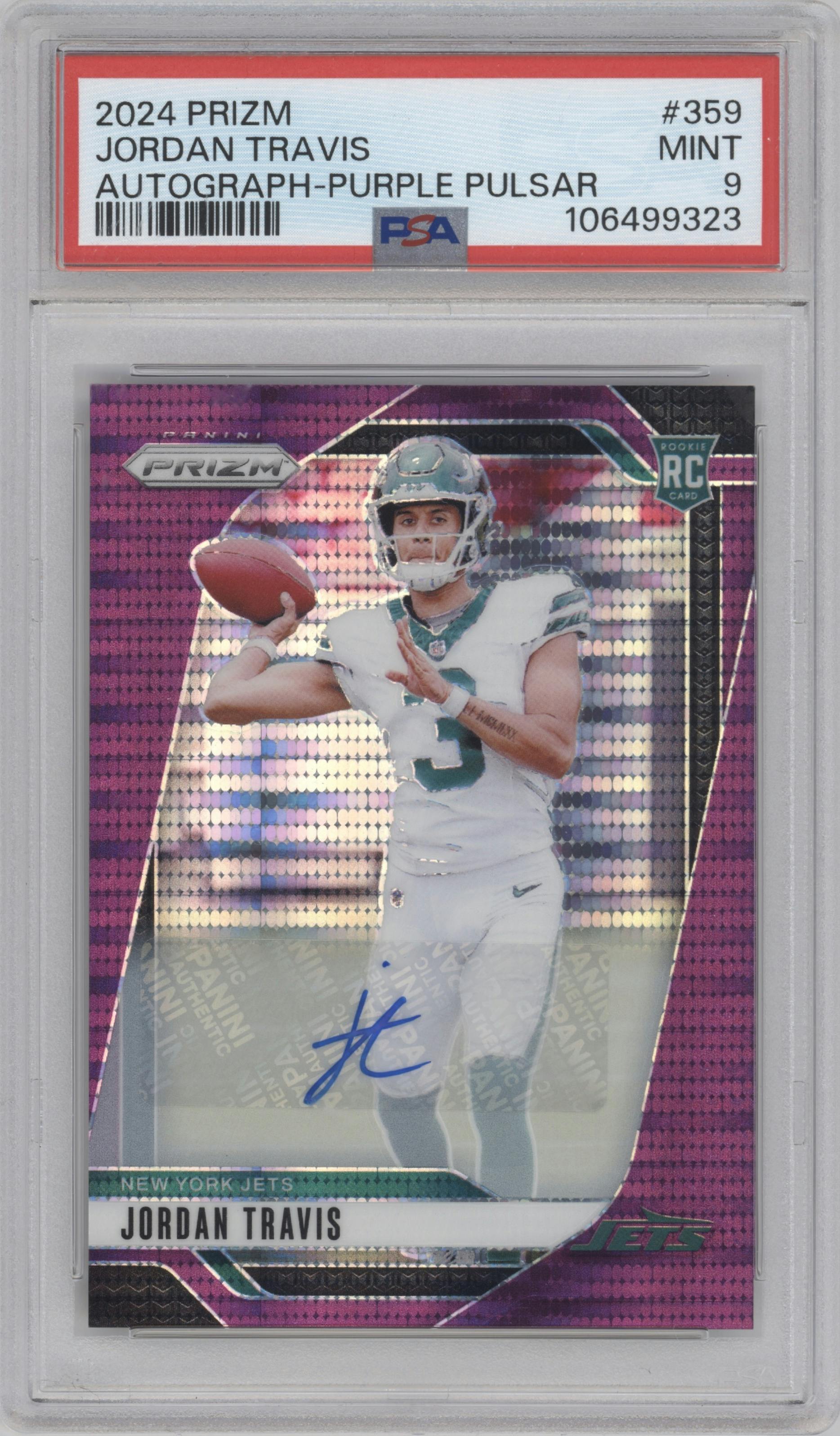 Jordan Travis from the 2024 Panini Prizm set featuring a Purple Pulsar parallel graded by PSA and given an overall grade of 9.