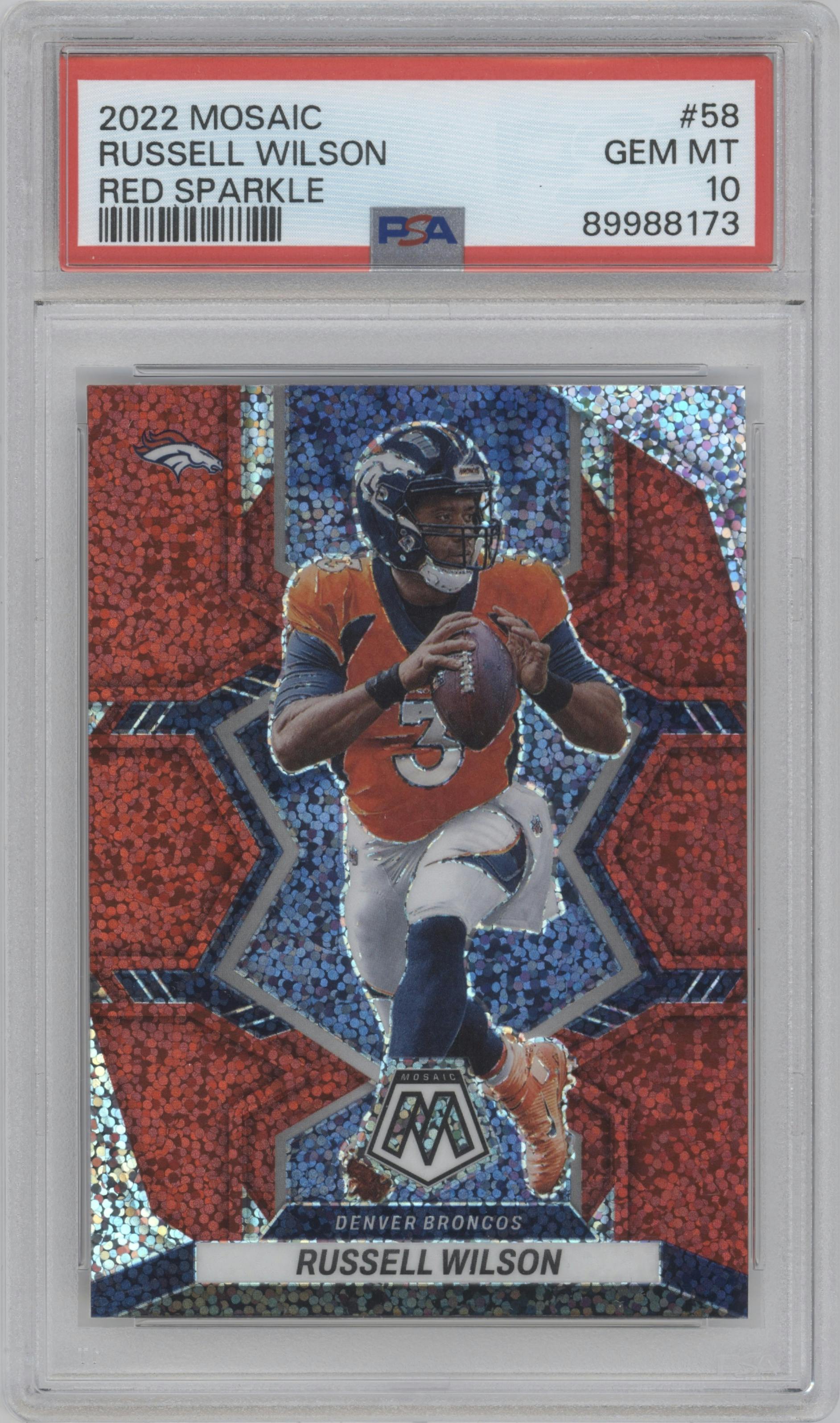 Russell Wilson from the 2022 Panini Mosaic set featuring a Red Sparkle parallel graded by PSA and given an overall grade of 10.