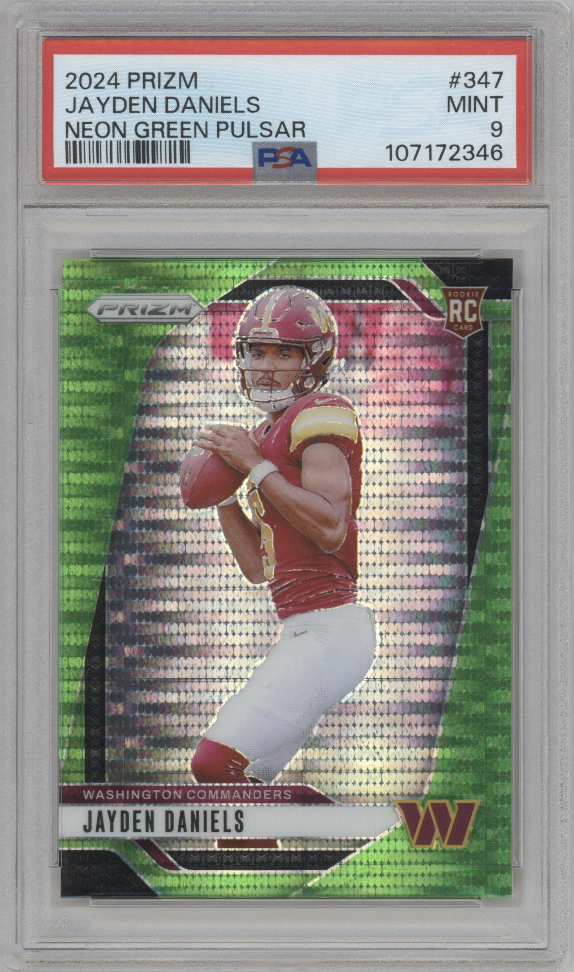 Jayden Daniels from the 2024 Panini Prizm set featuring a Neon Green Pulsar  parallel graded by PSA and given an overall grade of 9.