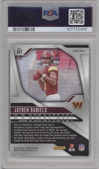Jayden Daniels from the 2024 Panini Prizm set featuring a Neon Green Pulsar  parallel graded by PSA and given an overall grade of 9.