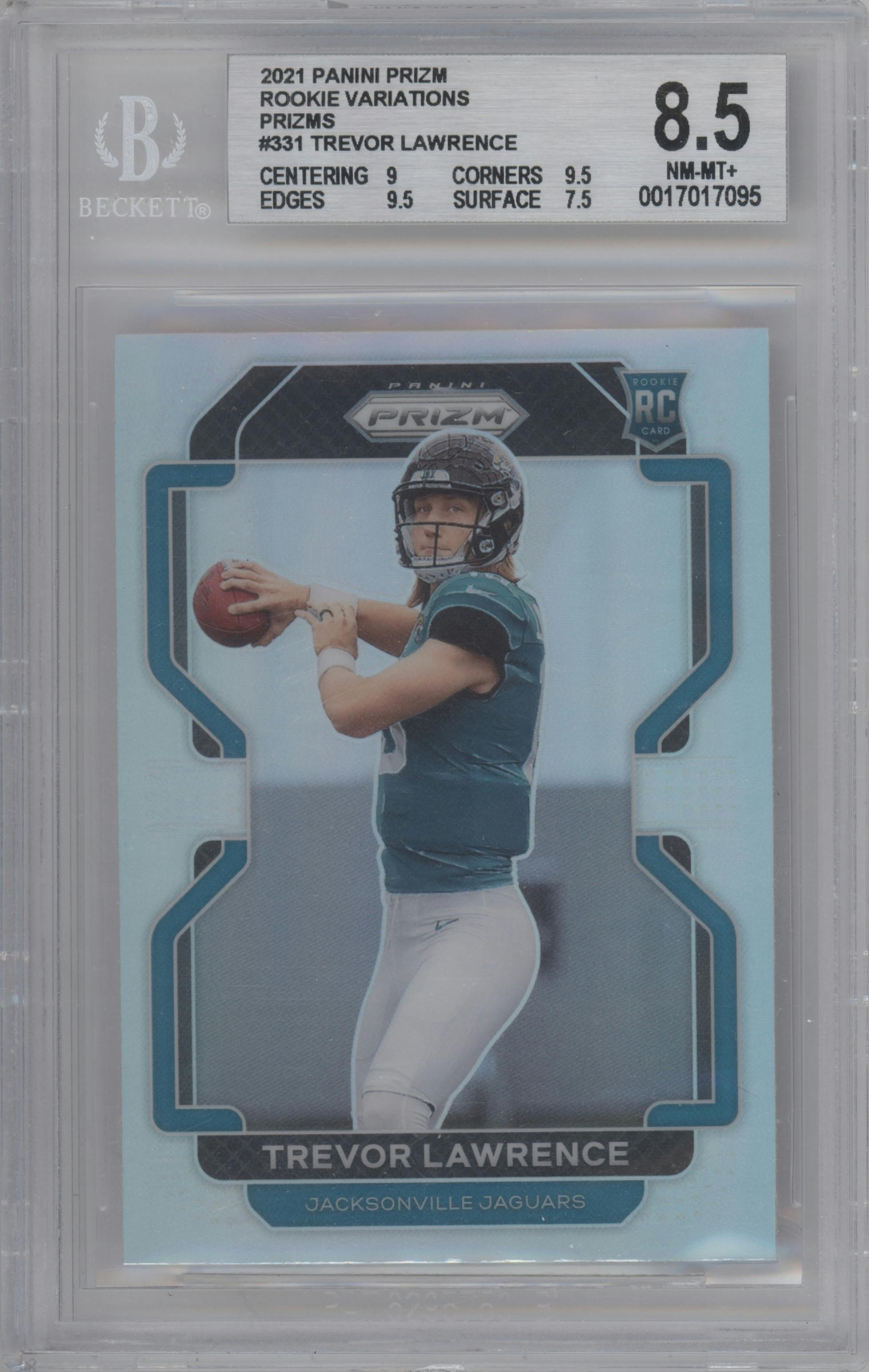 Trevor Lawrence from the 2021 Panini Prizm set graded by Beckett and given an overall grade of 8.5.