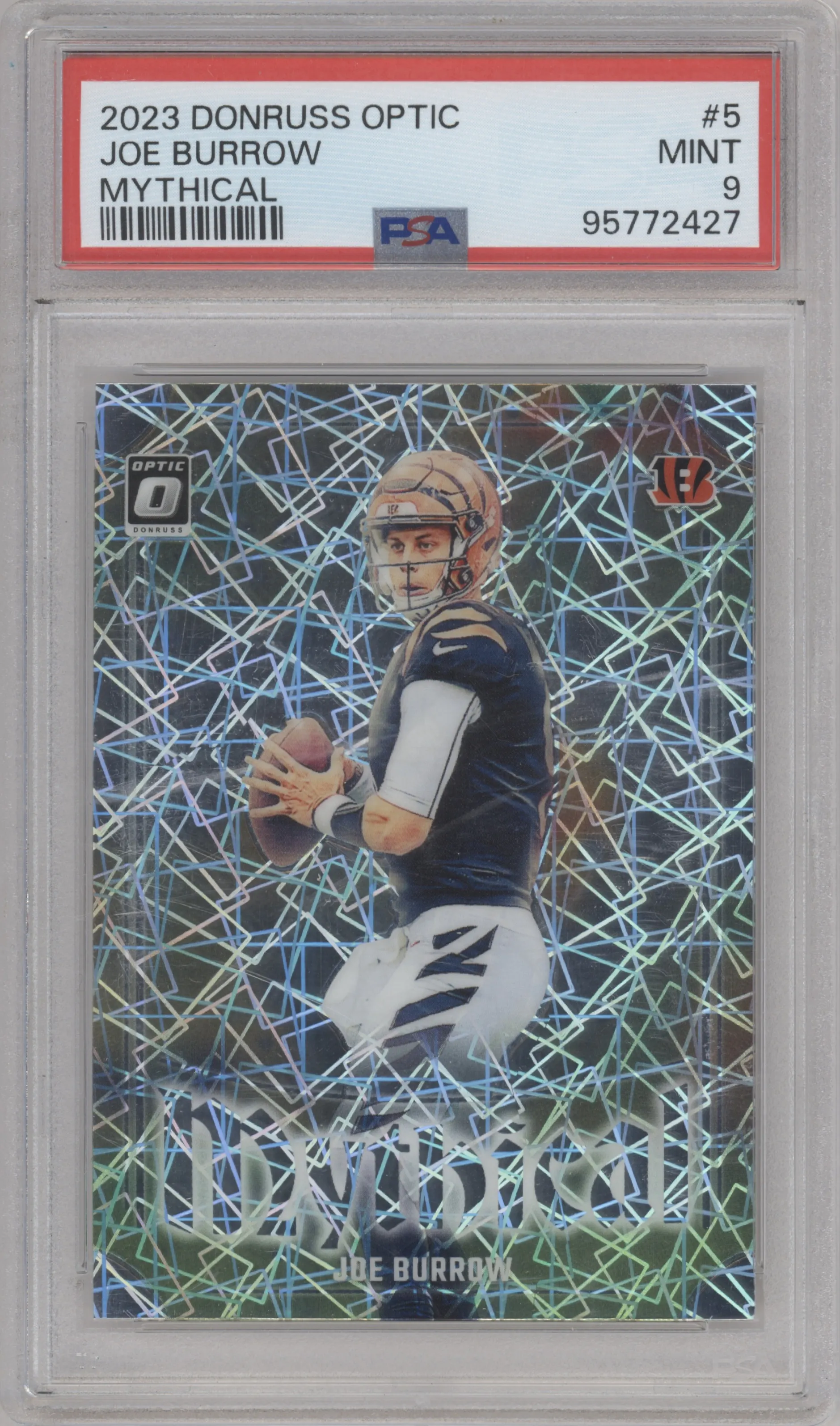 Joe Burrow from the 2023 Donruss Optic set graded by PSA and given an overall grade of 9.