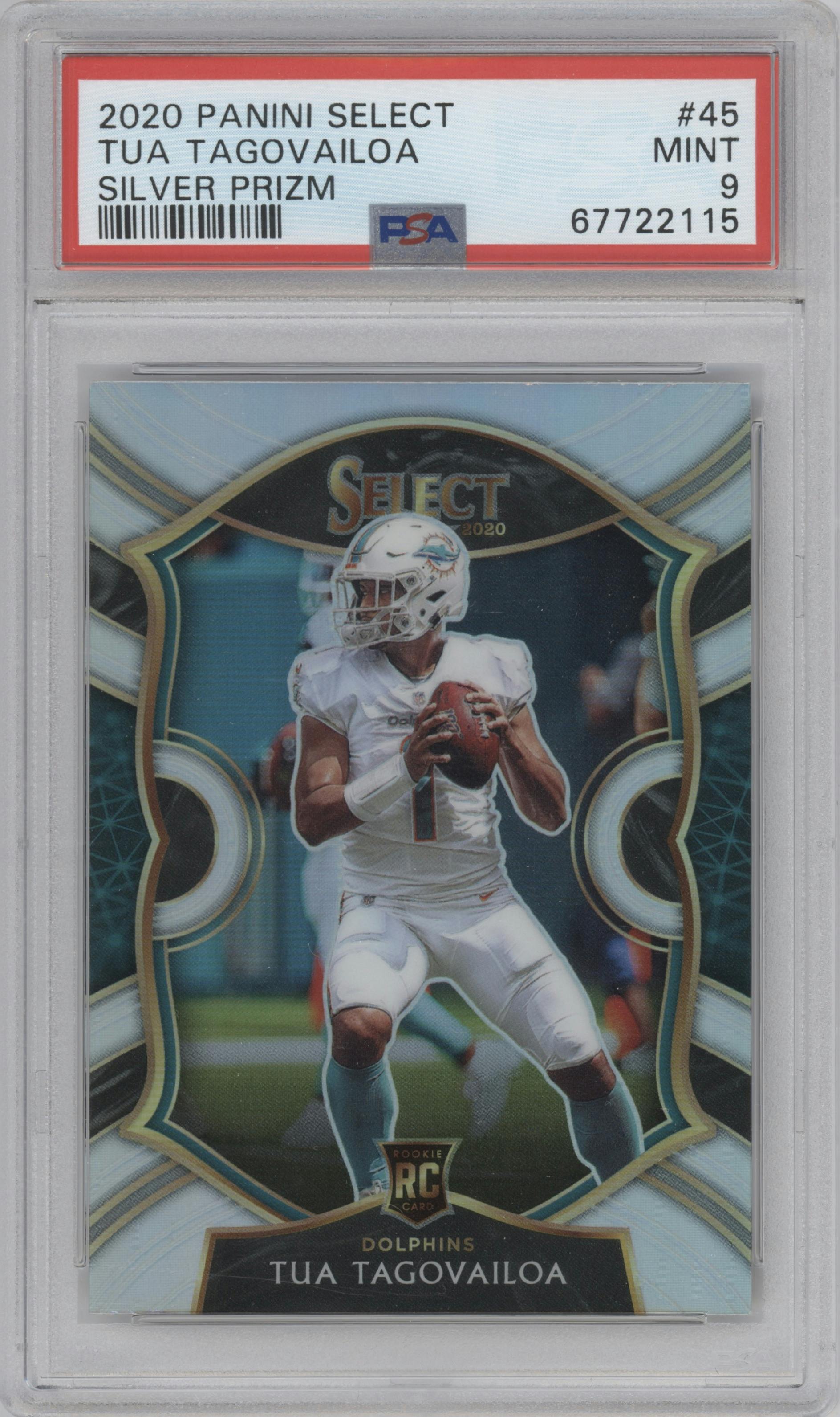 Tua Tagovailoa from the 2020 Panini Select set featuring a Silver Prizm parallel graded by PSA and given an overall grade of 9.