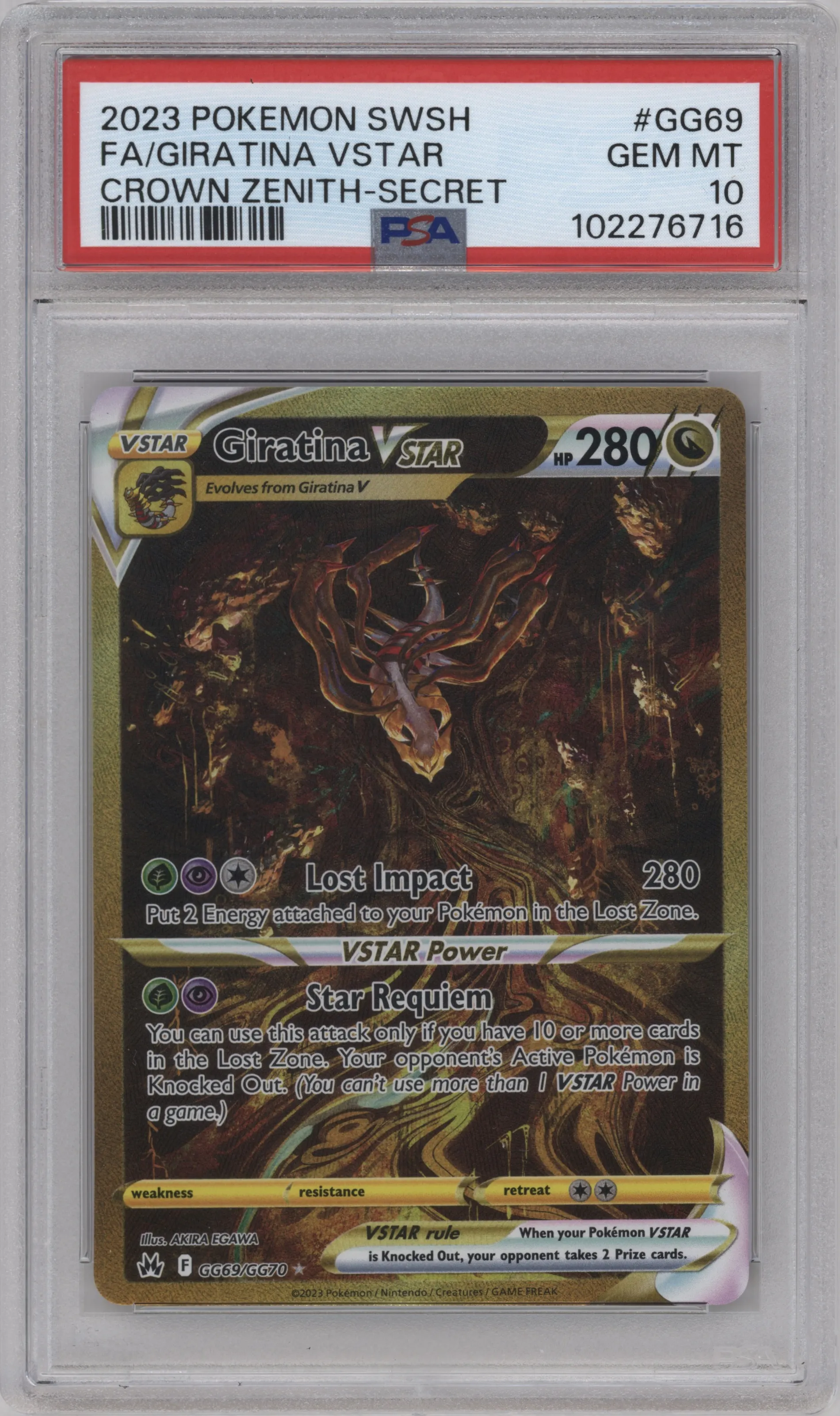 Giratina VSTAR from the 2023 Pokemon SWSH set graded by PSA and given an overall grade of 10.
