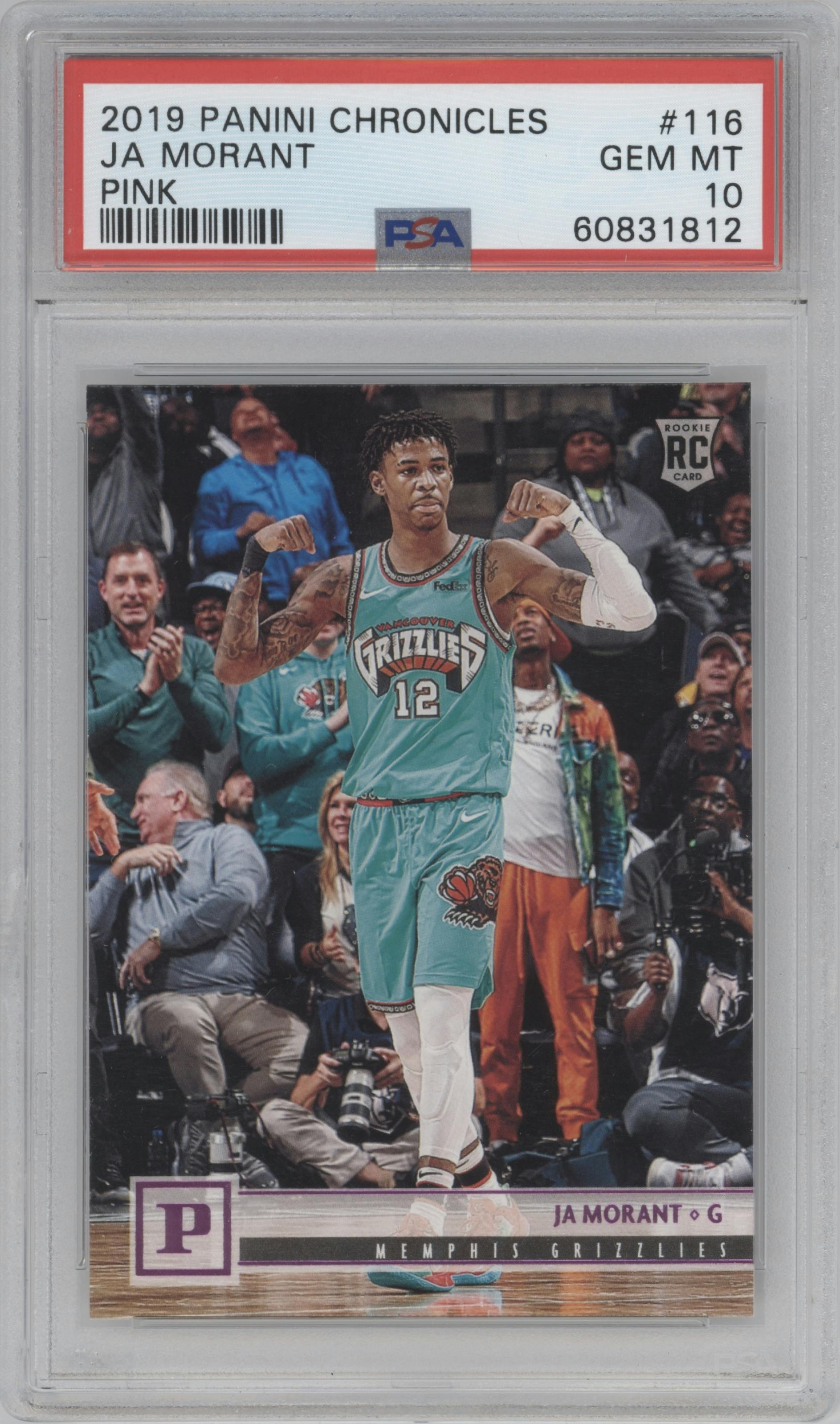 Ja Morant from the 2019-20 Panini Chronicles  set featuring a Pink parallel graded by PSA and given an overall grade of 10.
