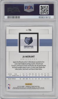 Ja Morant from the 2019-20 Panini Chronicles  set featuring a Pink parallel graded by PSA and given an overall grade of 10.