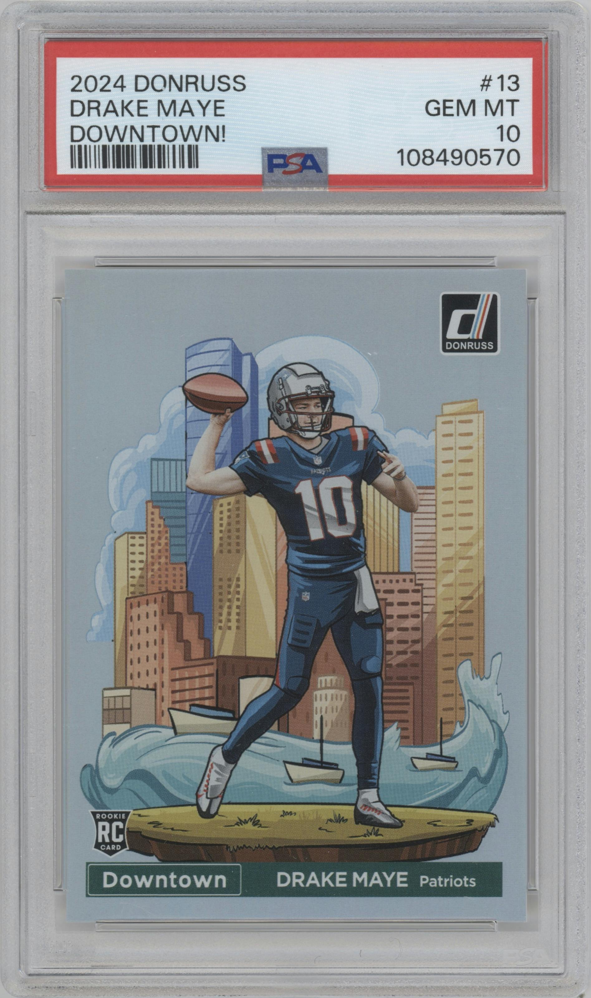 Drake Maye from the 2024 Donruss set graded by PSA and given an overall grade of 10.