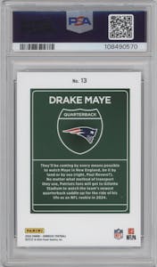 Drake Maye from the 2024 Donruss set graded by PSA and given an overall grade of 10.