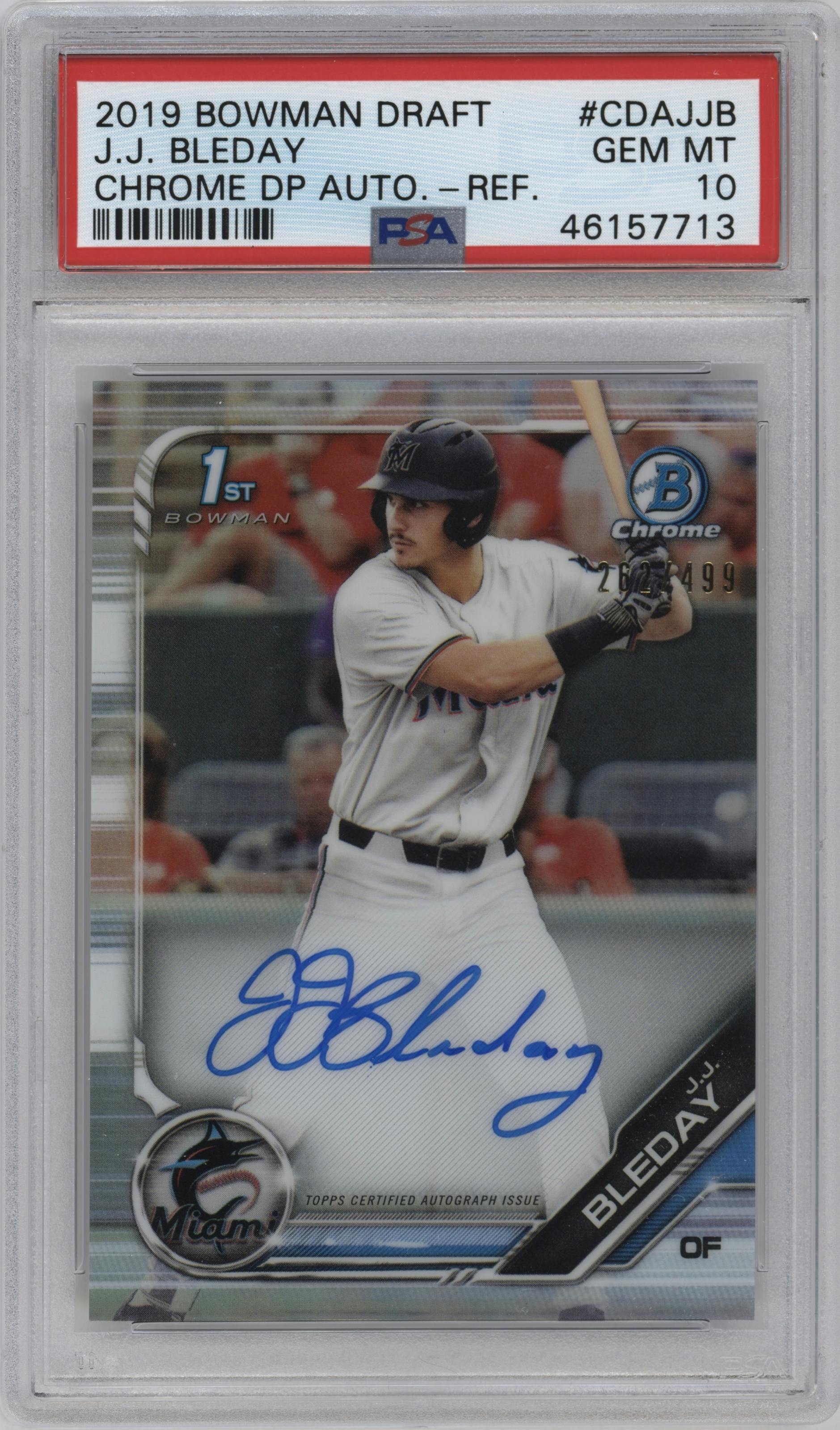 J.J. Bleday from the 2019 Bowman Draft set featuring a Refractor parallel graded by PSA and given an overall grade of 10.